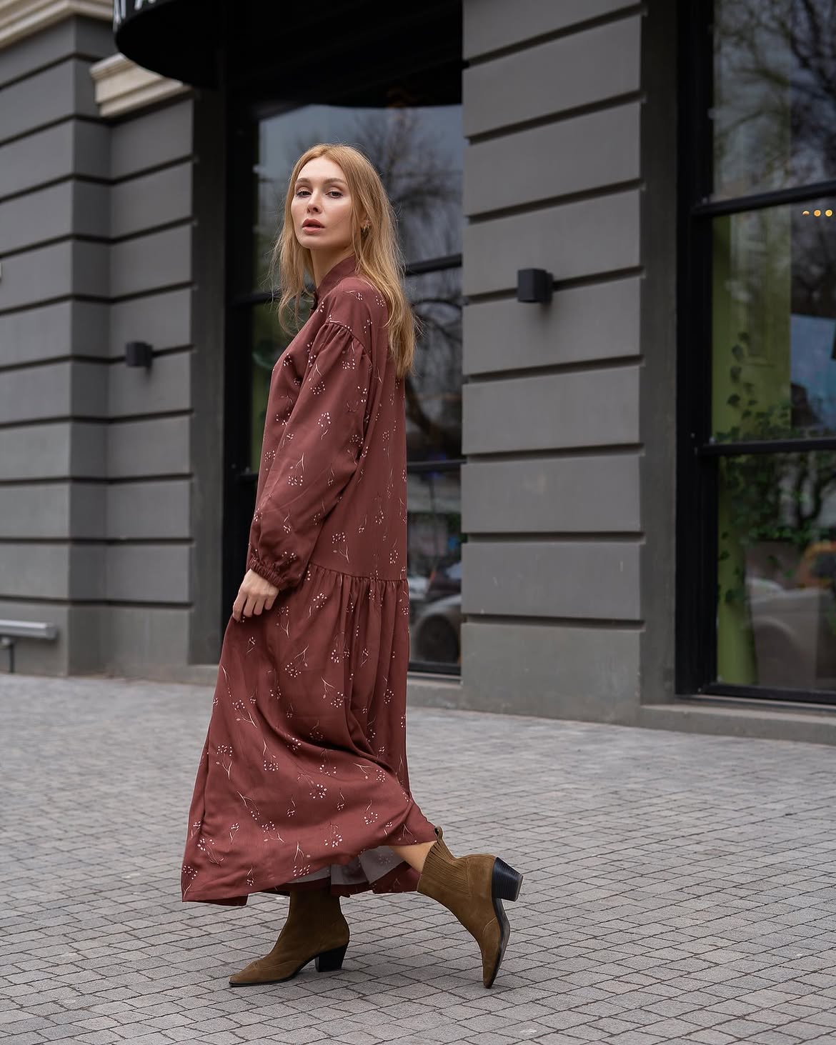 Floral Midi Dress With Suede Ankle Boots