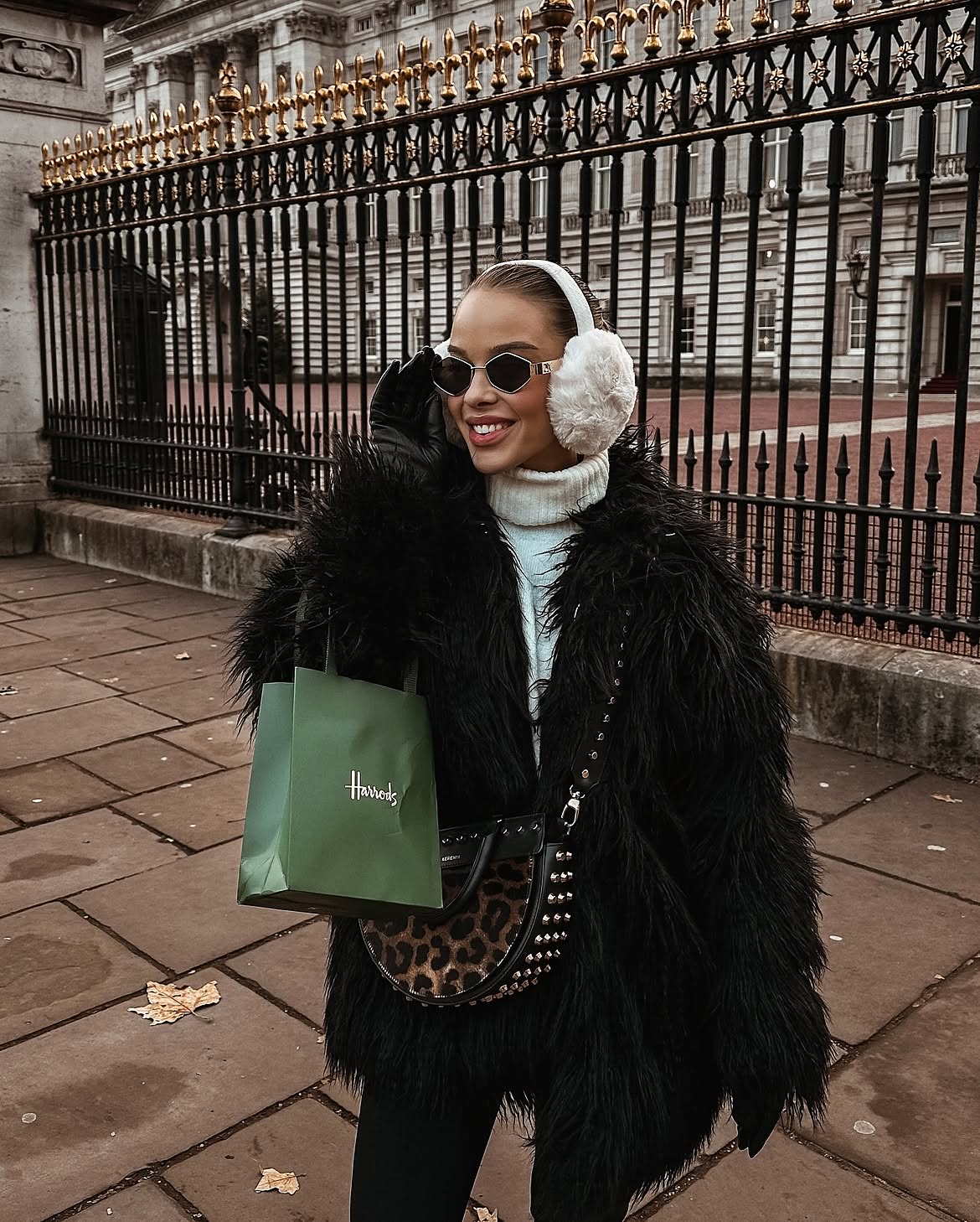 Fluffy Black Faux Fur Coat With Winter Accessories