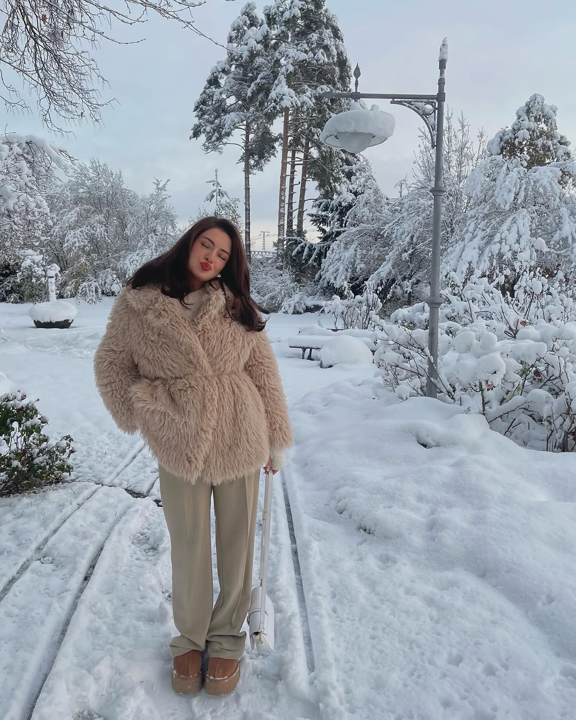 Fluffy Faux Fur Coat And Neutral Trousers Winter Look