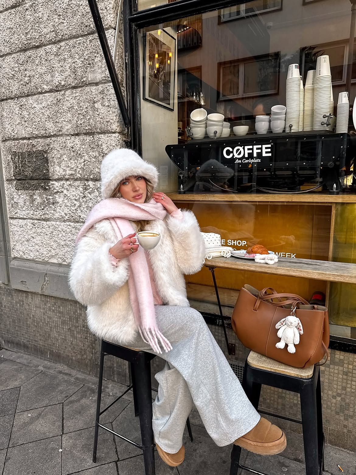 Fluffy Faux Fur Coat And Pastel Scarf Cafe Look
