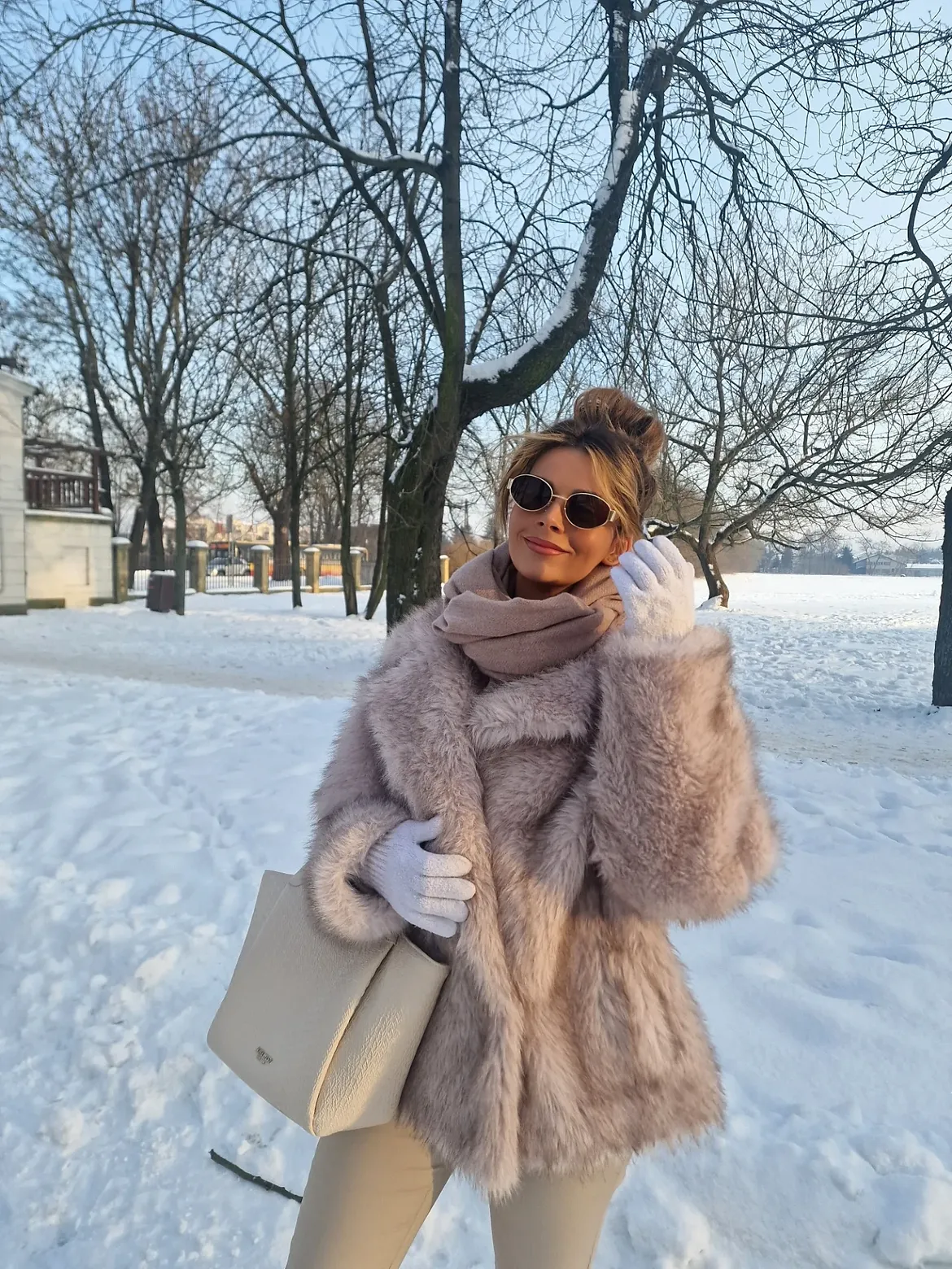 Fluffy Faux Fur Coat And Winter Scarf Look