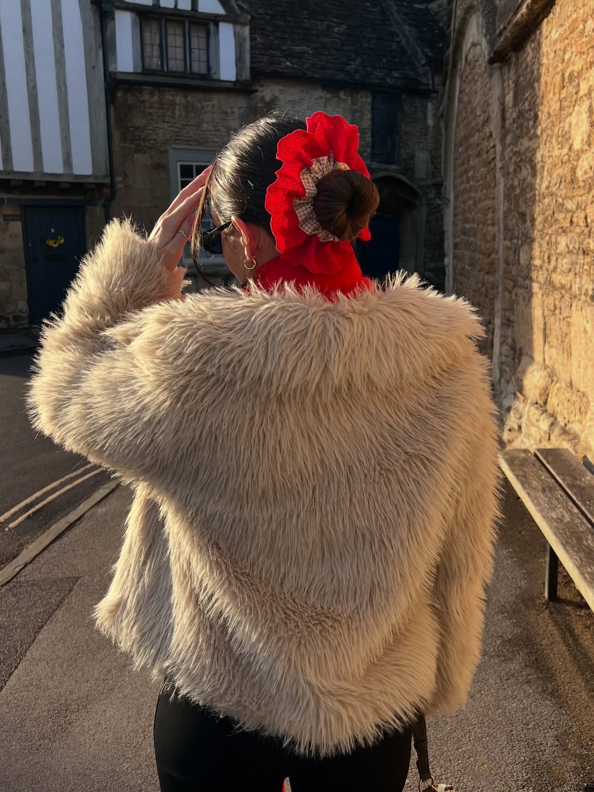 Fluffy Faux Fur Coat With Red Statement Scrunchie