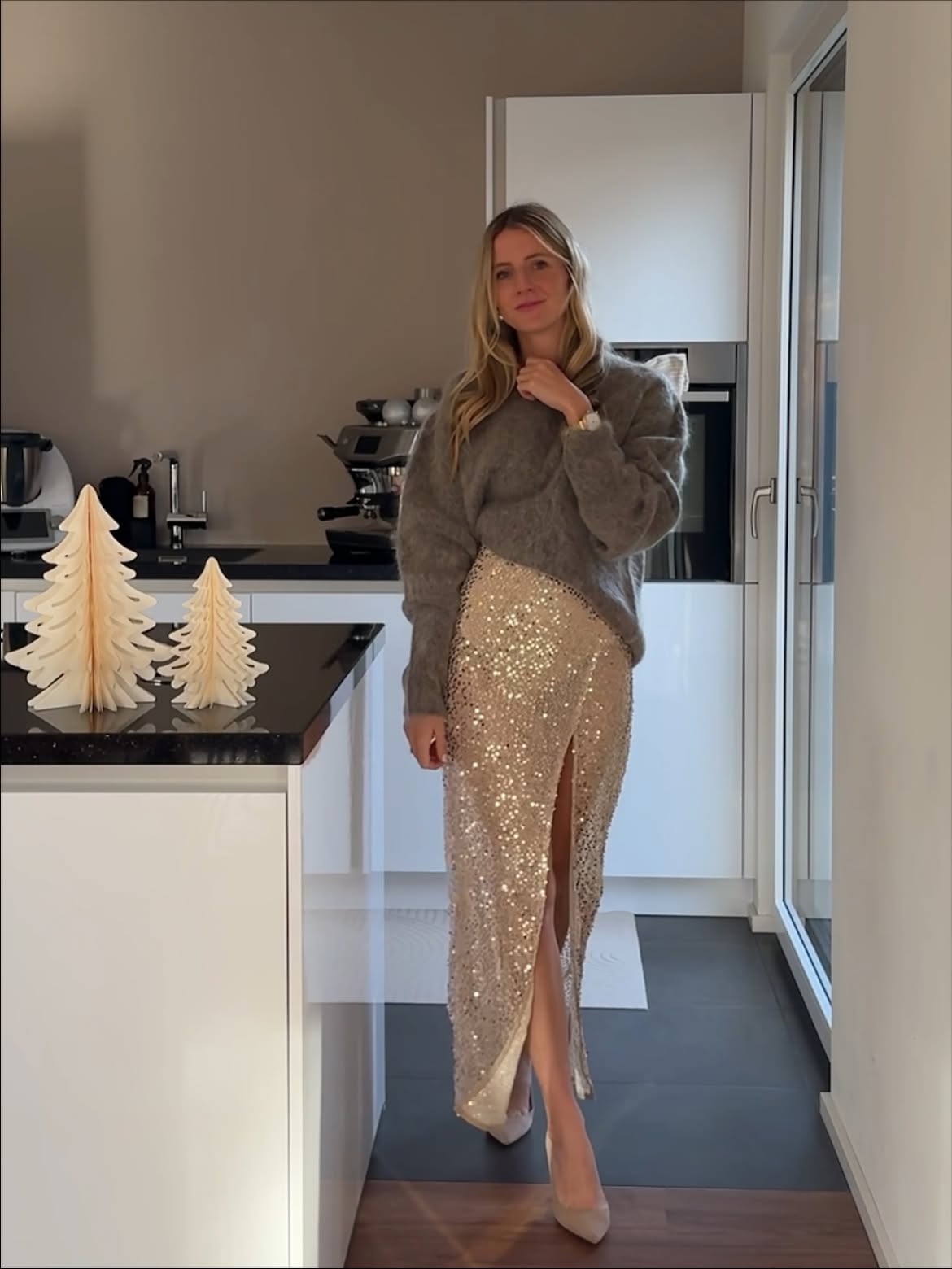 Fluffy Grey Sweater With Sequined Slit Maxi Skirt