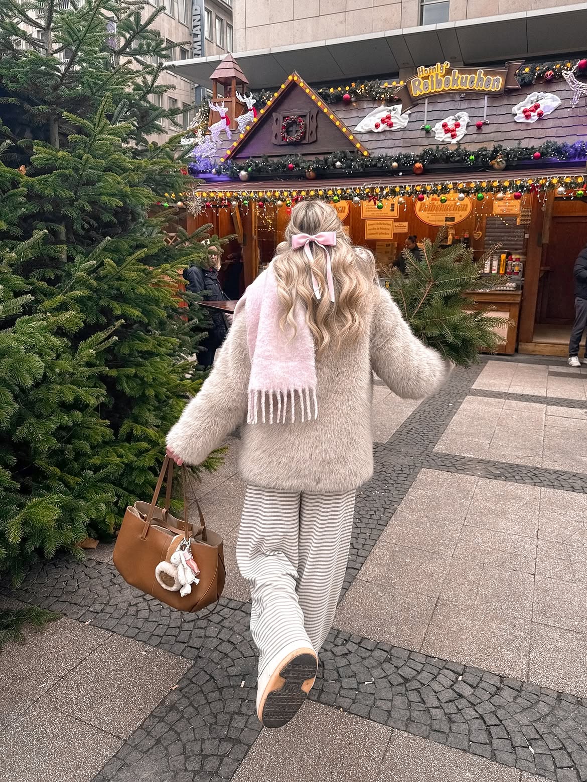 Fluffy Neutral Jacket And Striped Lounge Pants Winter Look