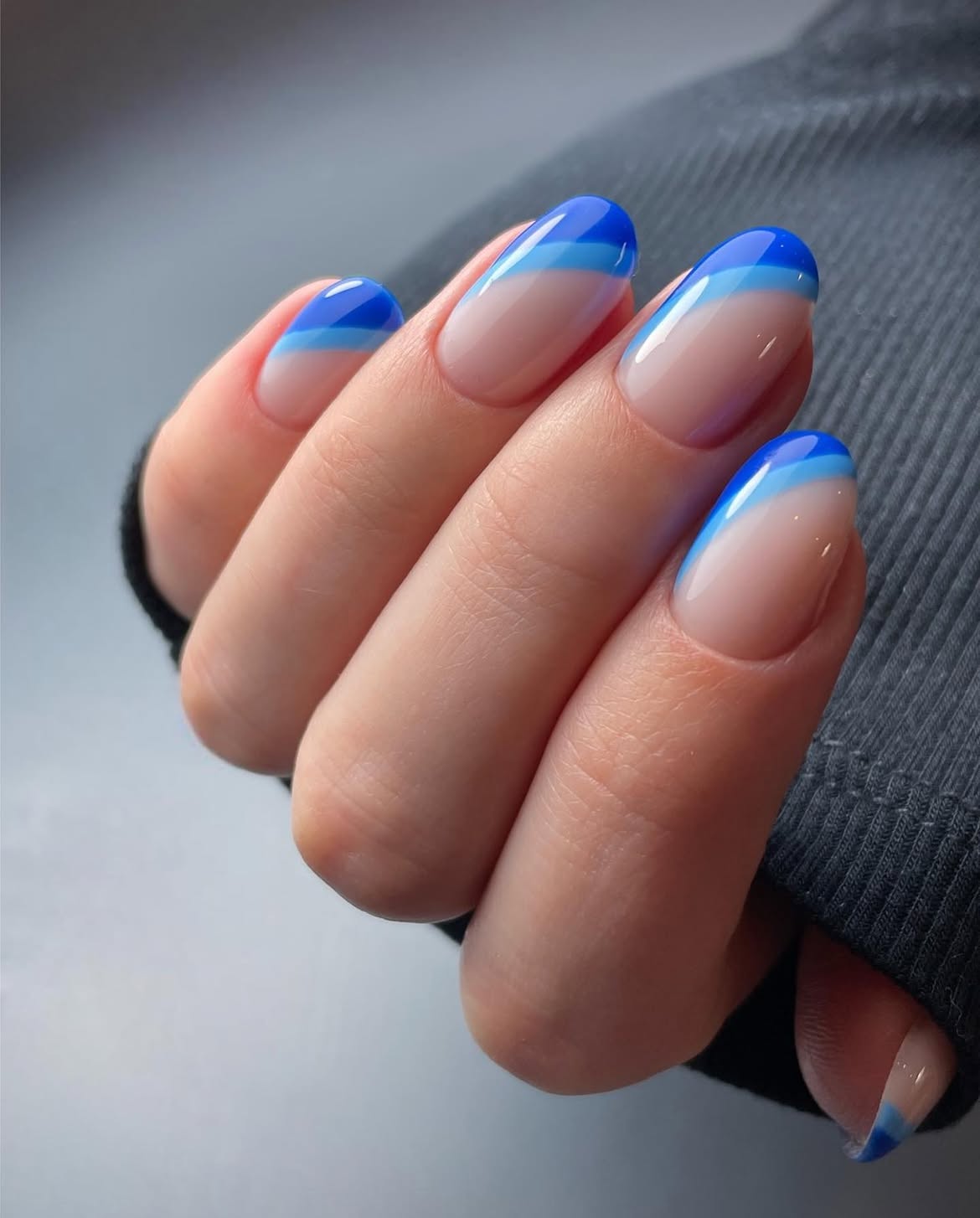 French Ombre Blue Tips Almond Nails