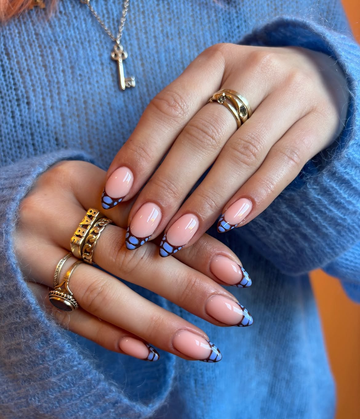 French Tip Blue Abstract Almond Nails