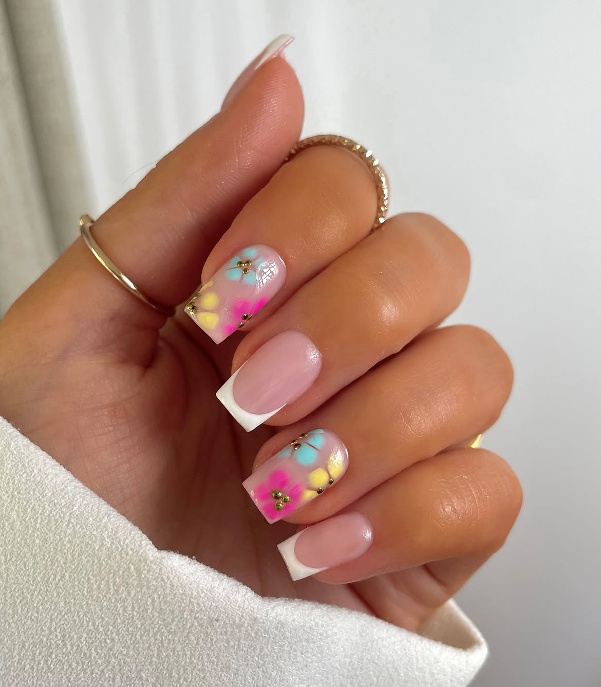French Tip Nails with Pastel Floral Art