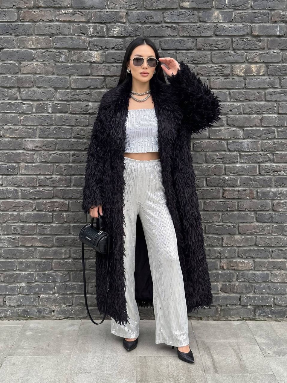 Fuzzy Black Coat And Silver Sequin Party Pants