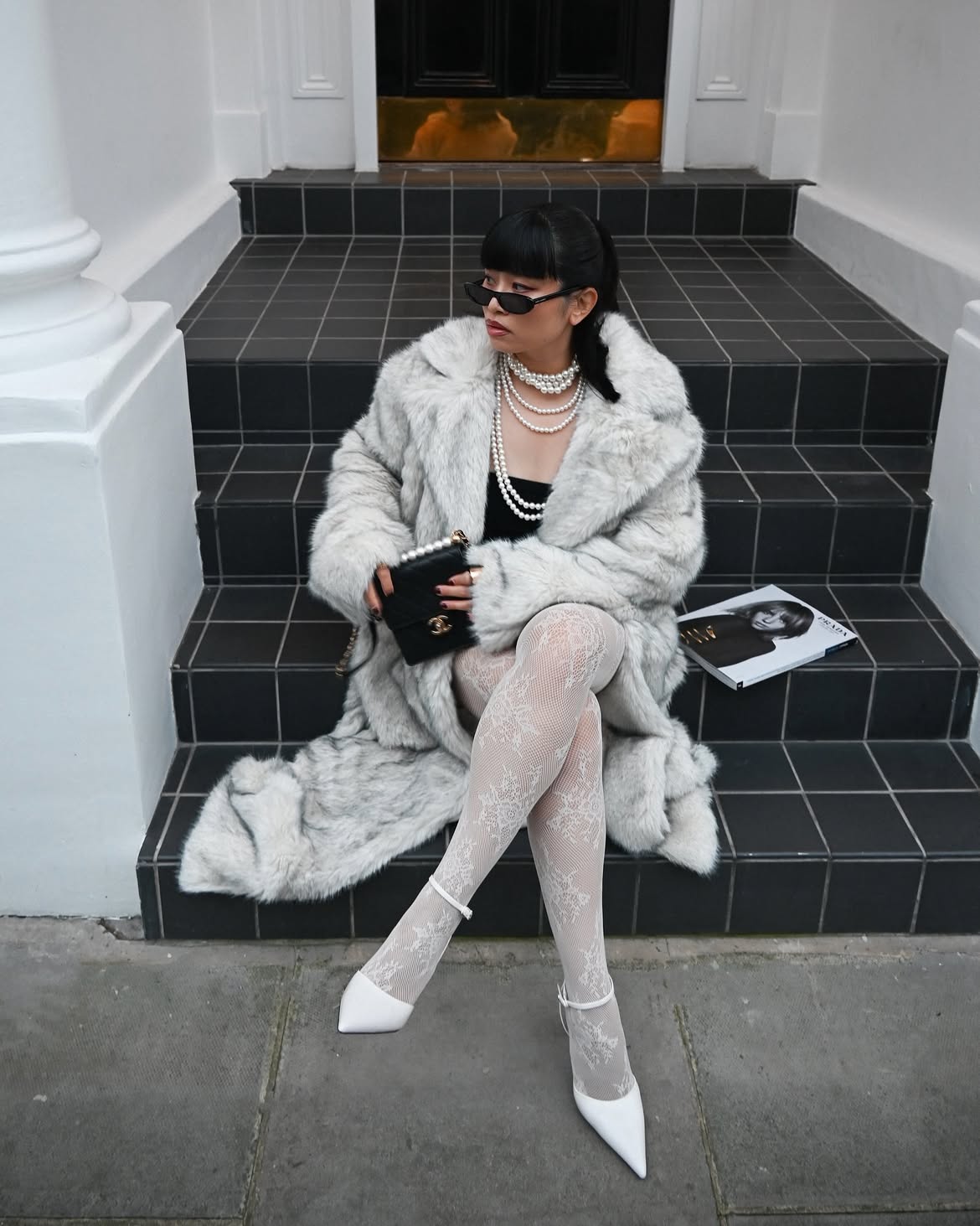 Glamorous Faux Fur Coat And Lace Tights Wedding Guest Look