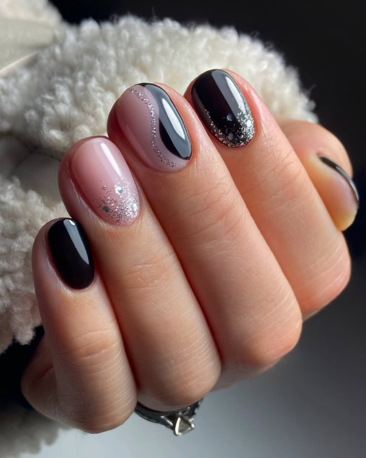 Glossy Black and Pink Oval Nails with Silver Glitter