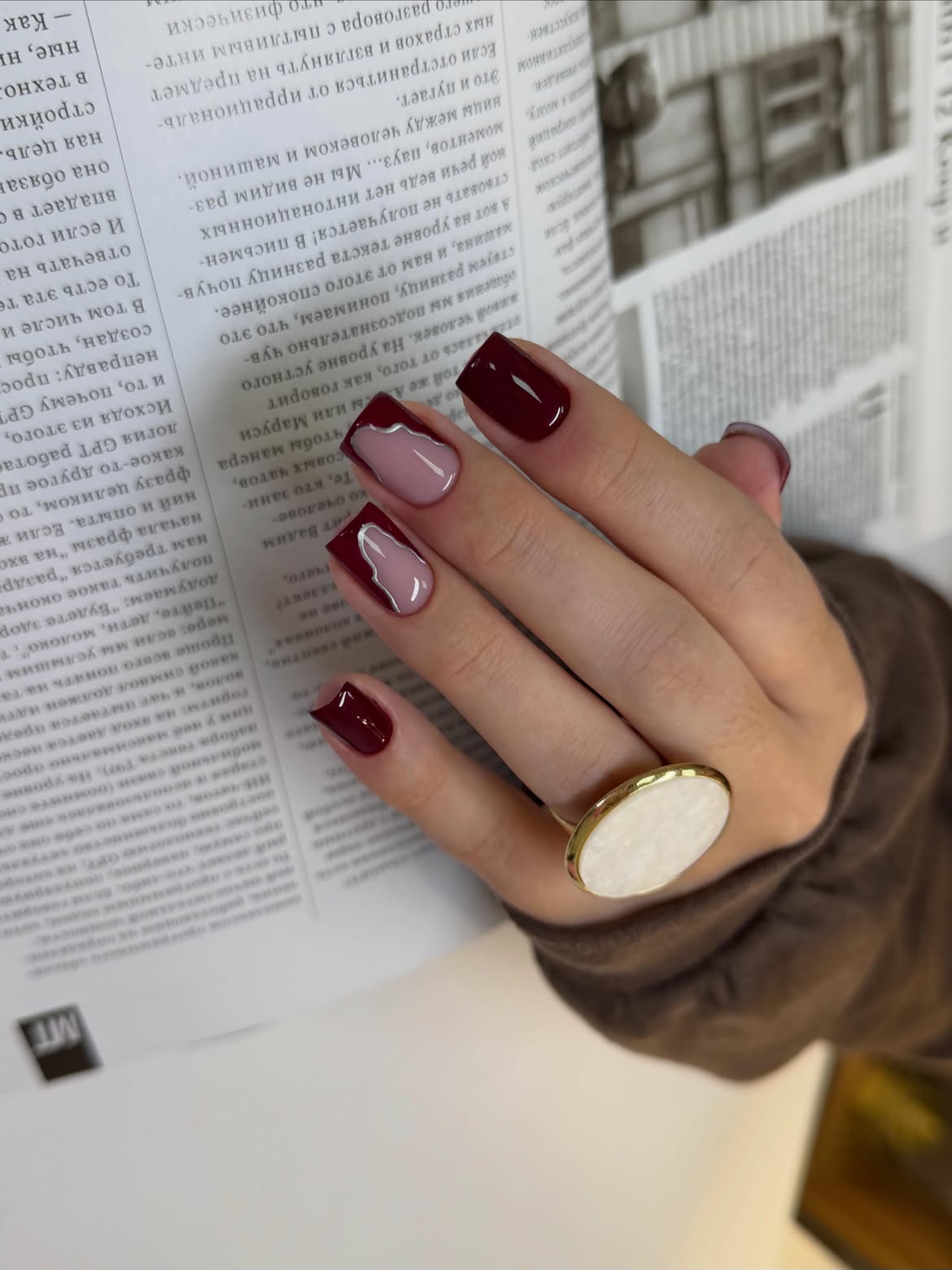 Glossy Burgundy And Silver Abstract Nails
