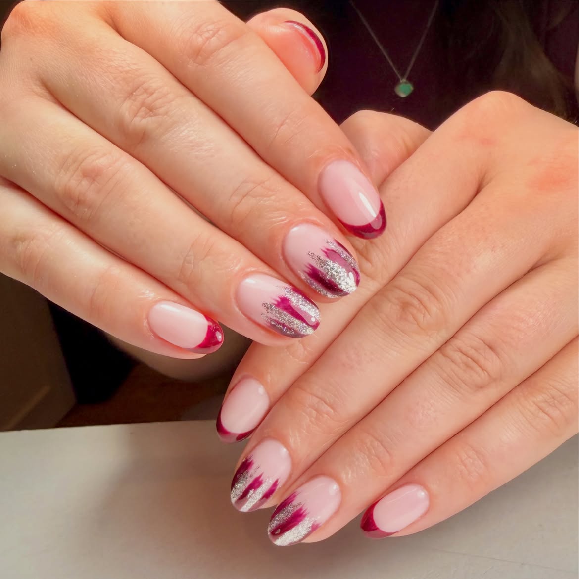 Glossy Burgundy And Silver French Tip Nails