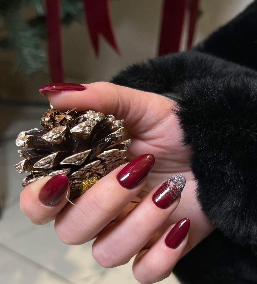 Glossy Burgundy And Silver Glitter Accent Nails