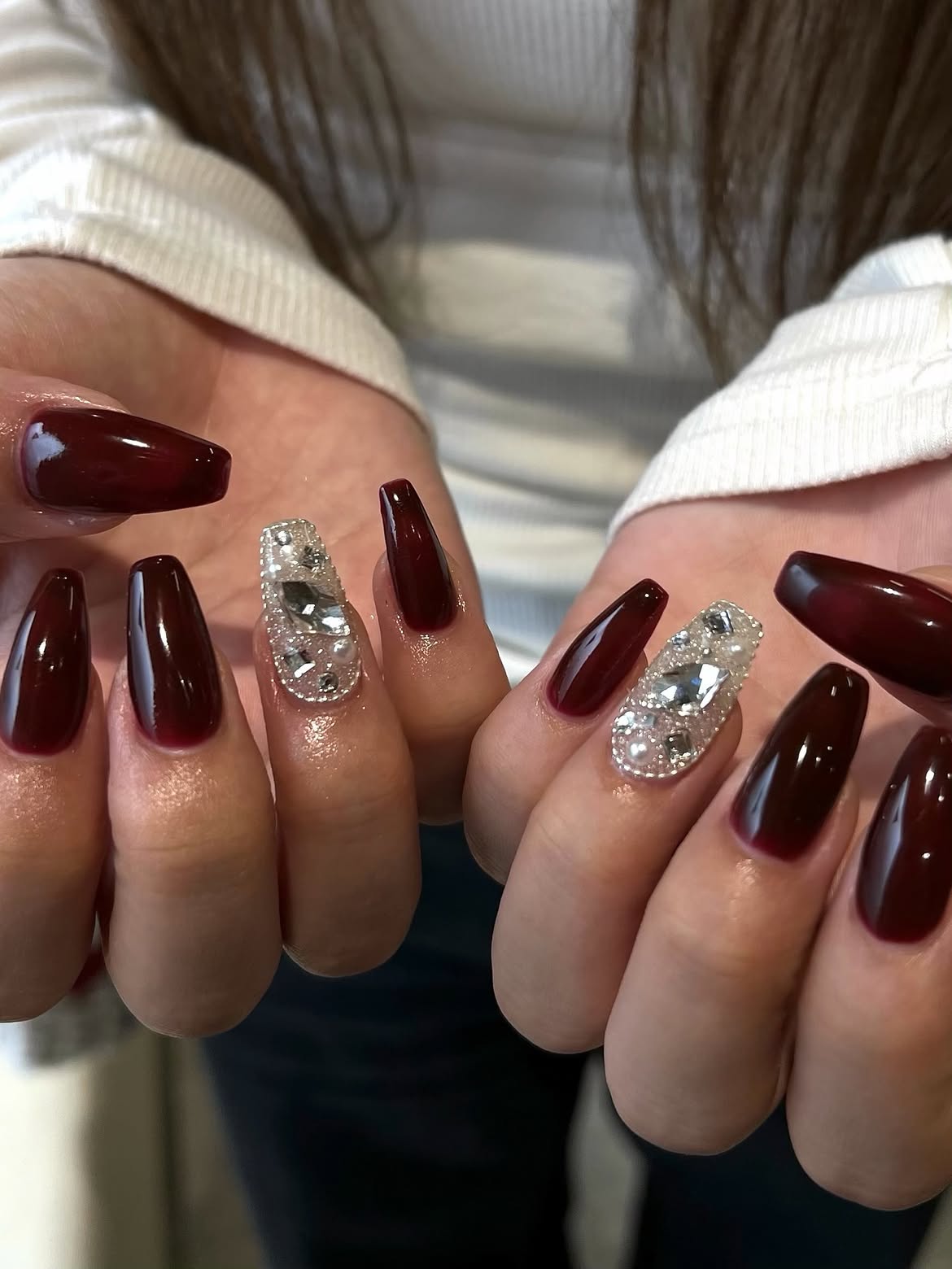 Glossy Burgundy And Silver Rhinestone Coffin Nails