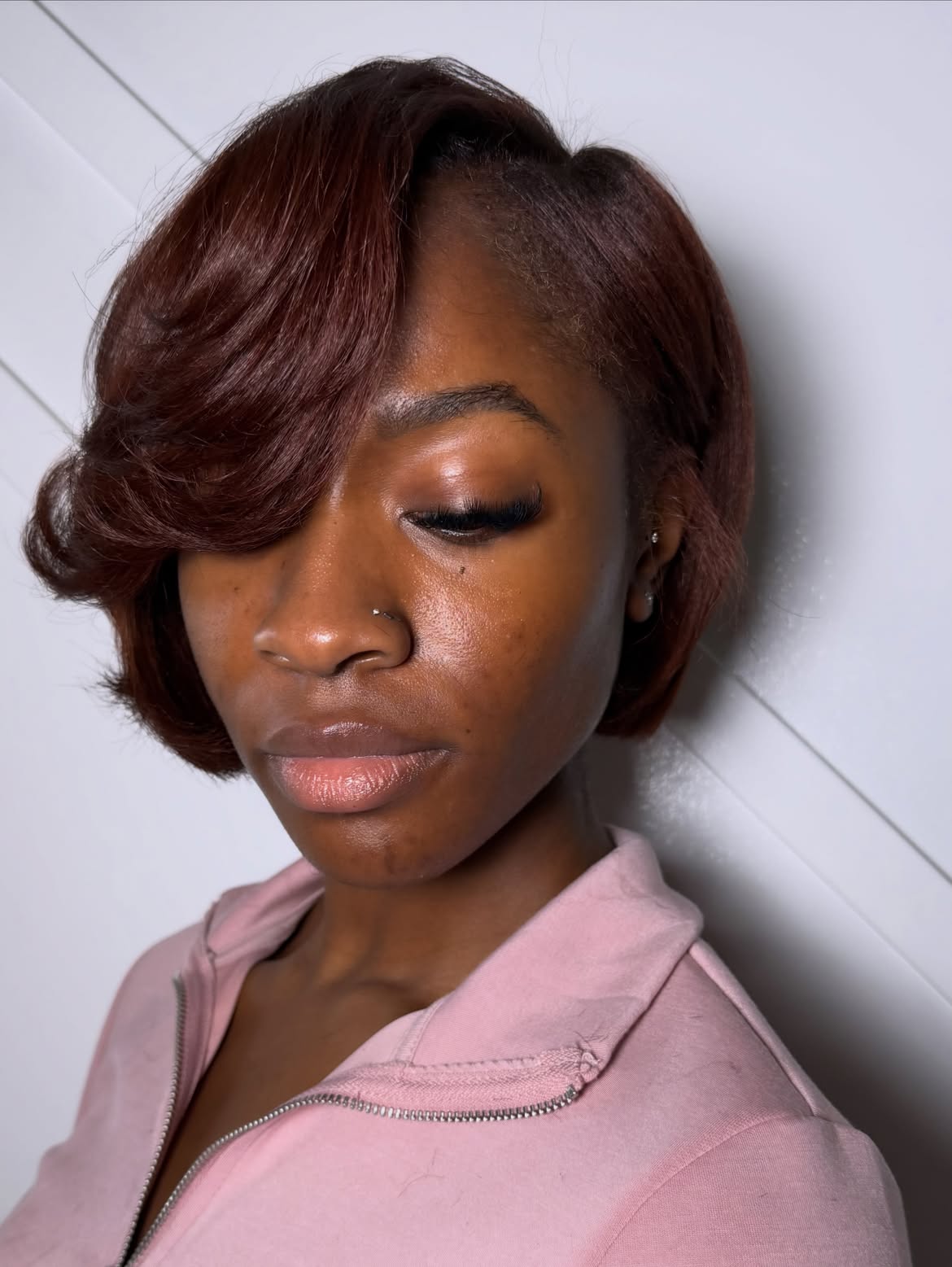 Glossy Cherry Cola Bob With Face-Framing Curls