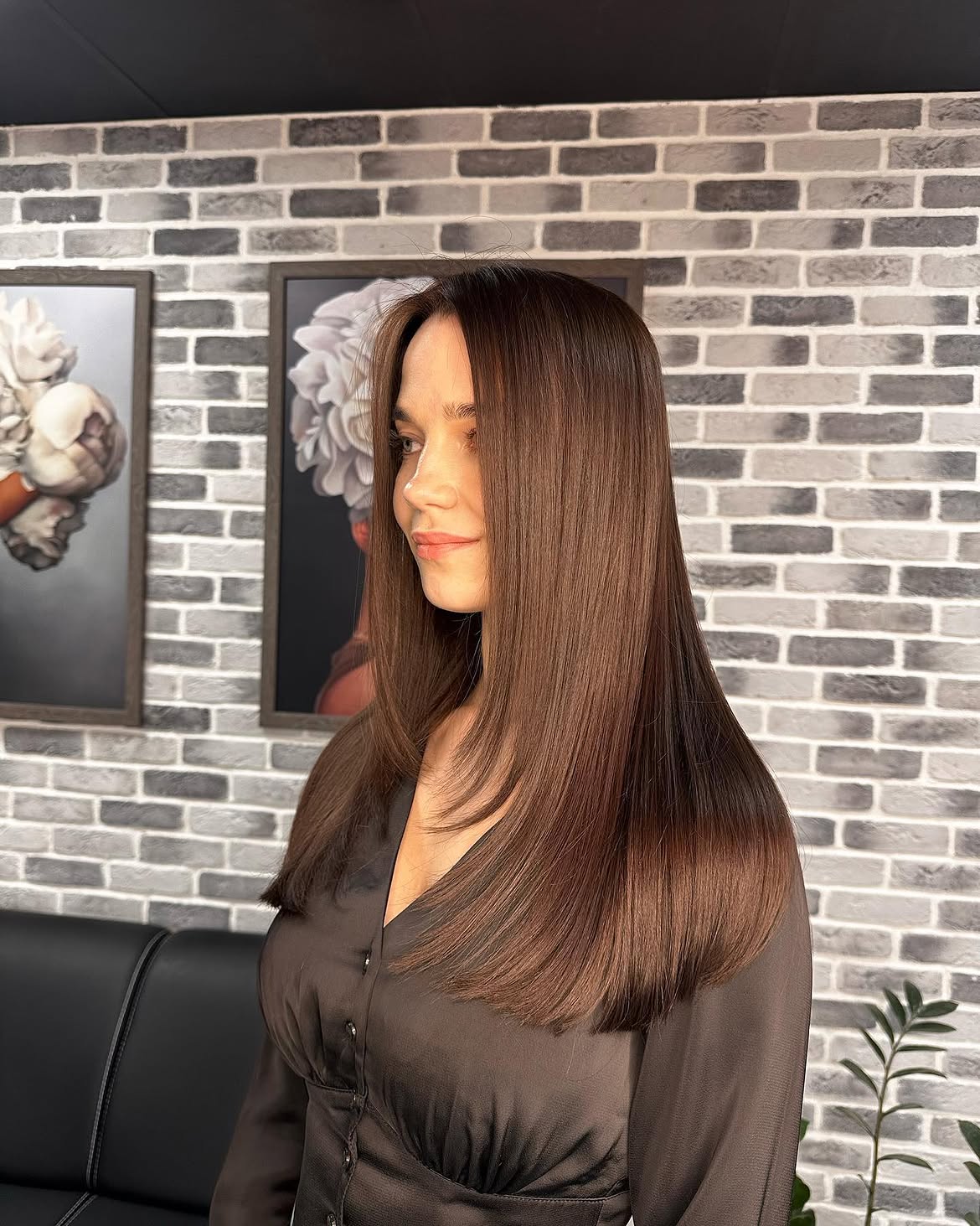 Glossy Chocolate Brown Collarbone Cut With Face-Framing Layers