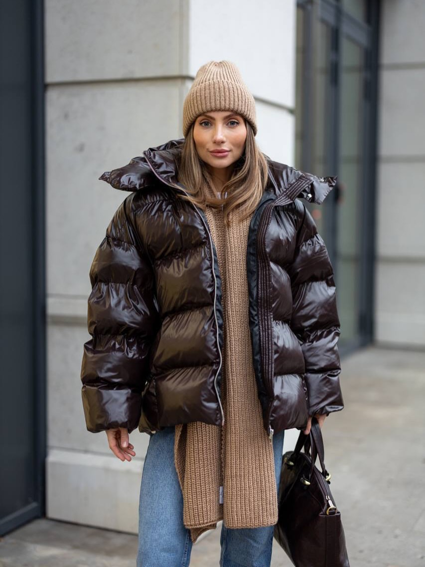 Glossy Puffer With Knit Scarf And Denim