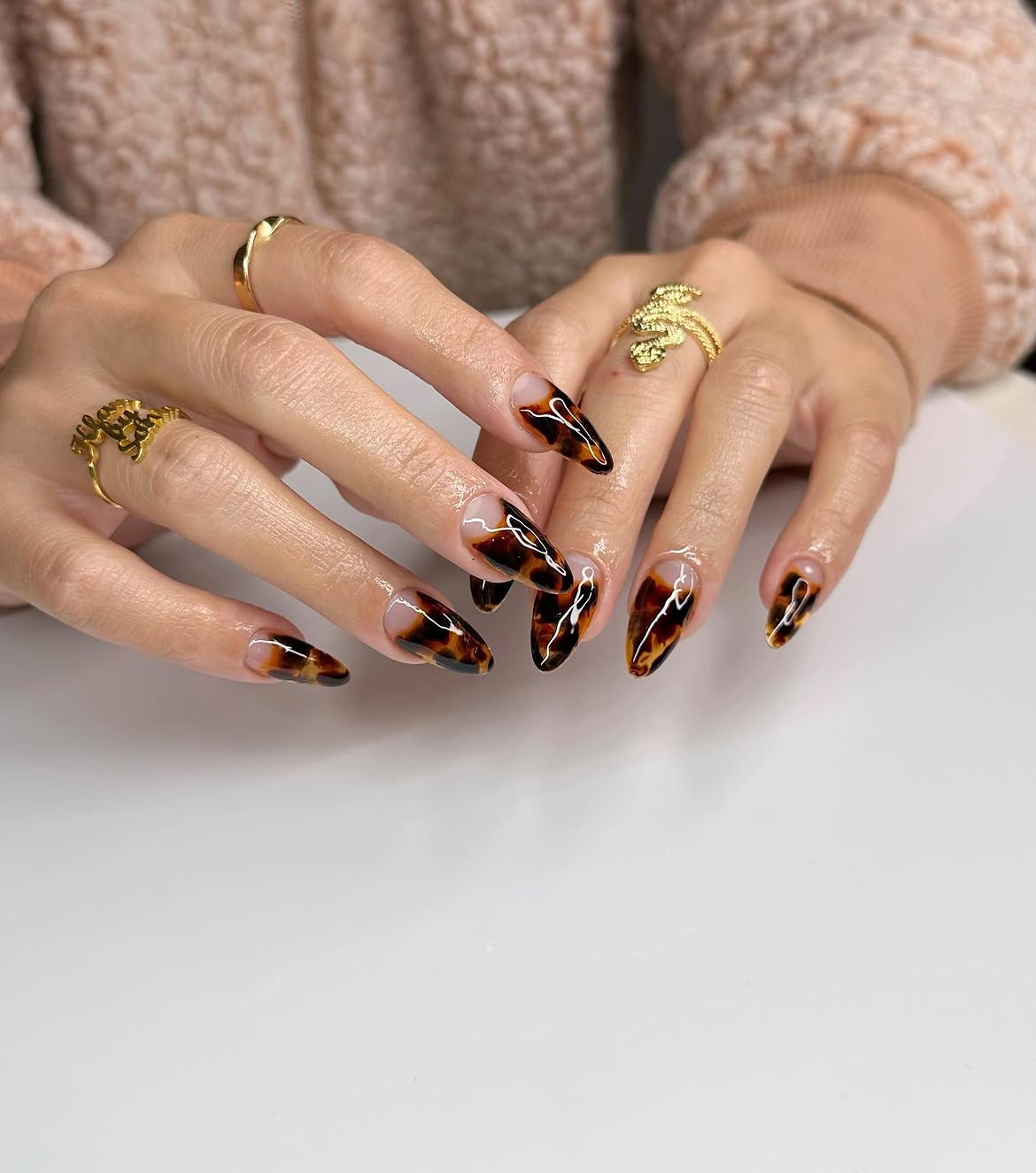 Glossy Tortoiseshell Almond French Tips
