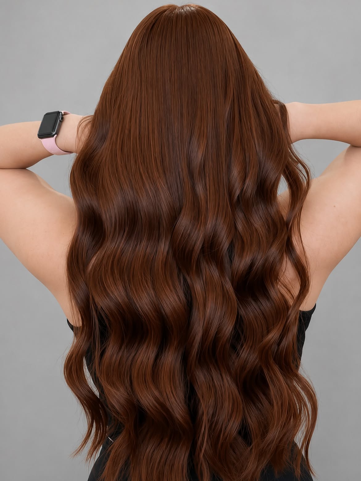 Glossy Wavy Copper Brown Mid Back Hair