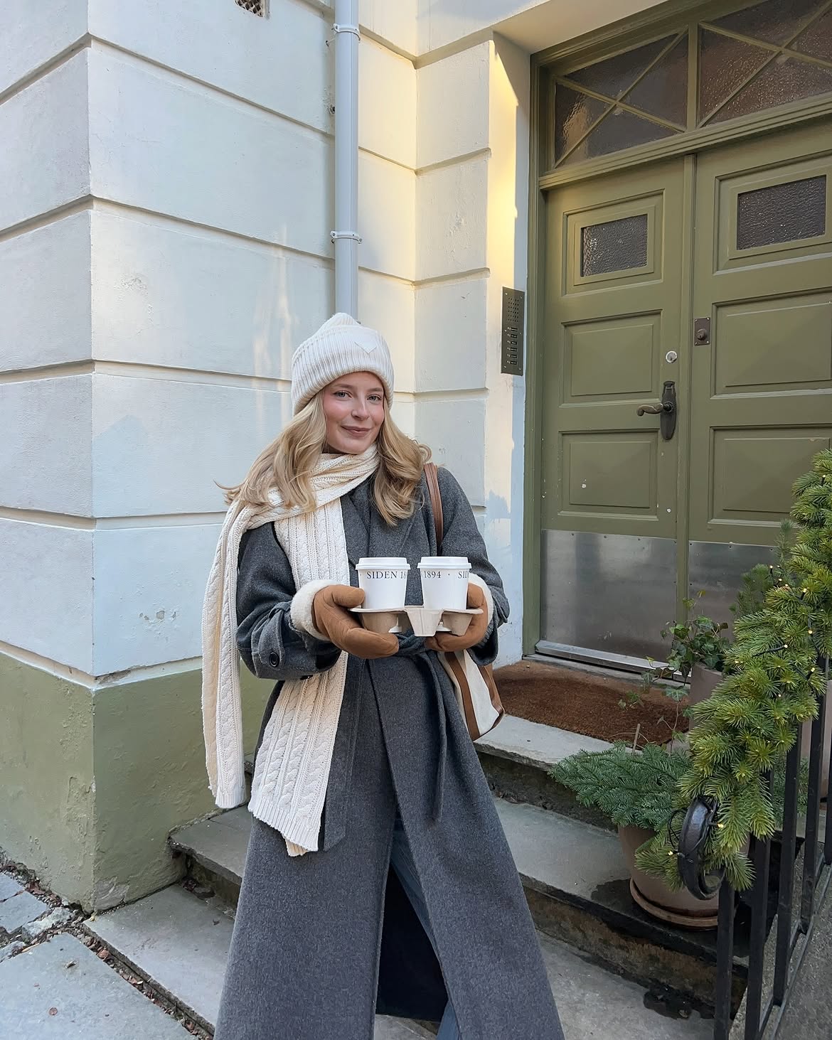 Grey Belted Coat With Cream Knit Scarf And Beanie