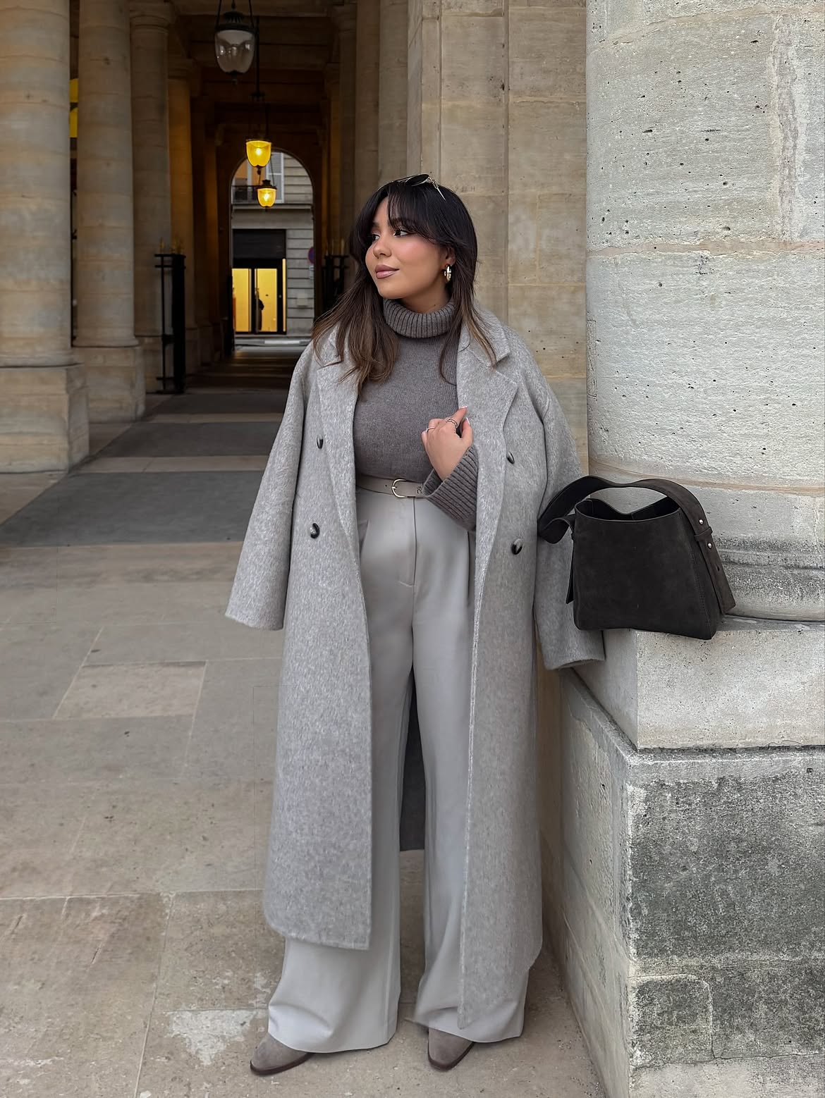 Grey Wool Coat And Turtleneck Monochromatic Look