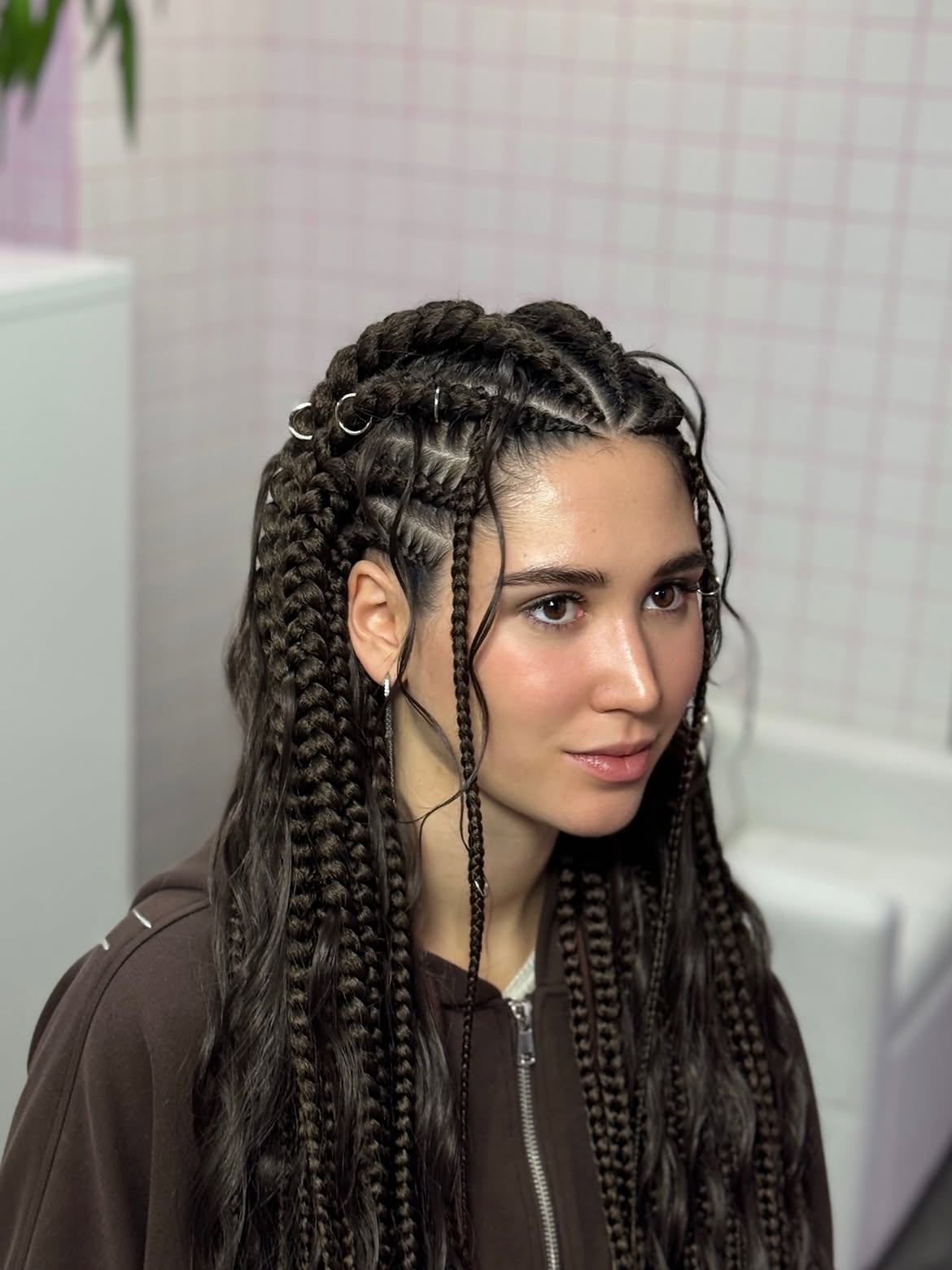 Half Up Box Braids With Silver Hair Rings