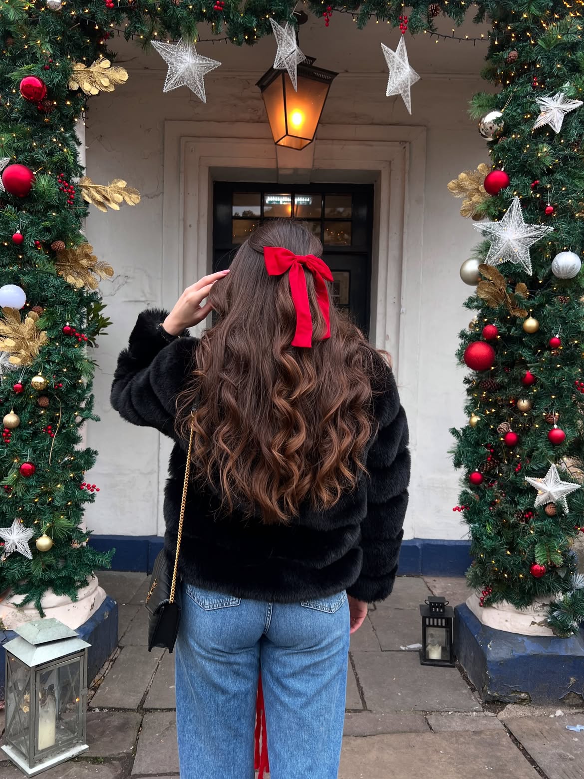 Half Up Long Waves With Velvet Red Bow