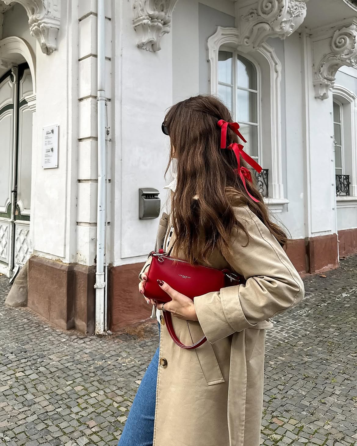 Half Up Red Ribbon Bows On Chestnut Waves