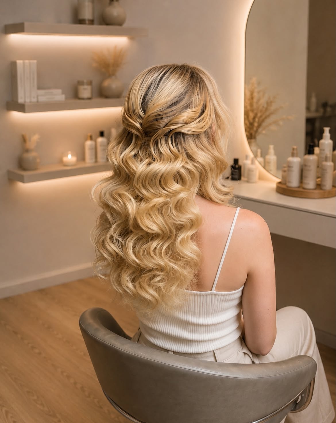 Half Up Soft Waves With Golden Honey Blonde