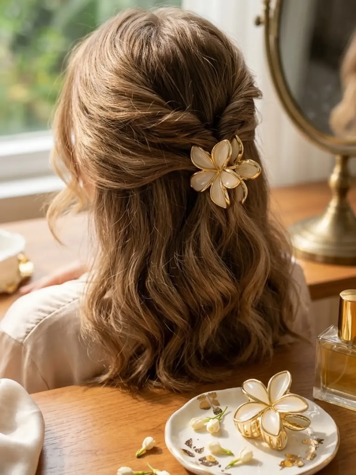Half Up Twisted Style With Floral Claw Clip