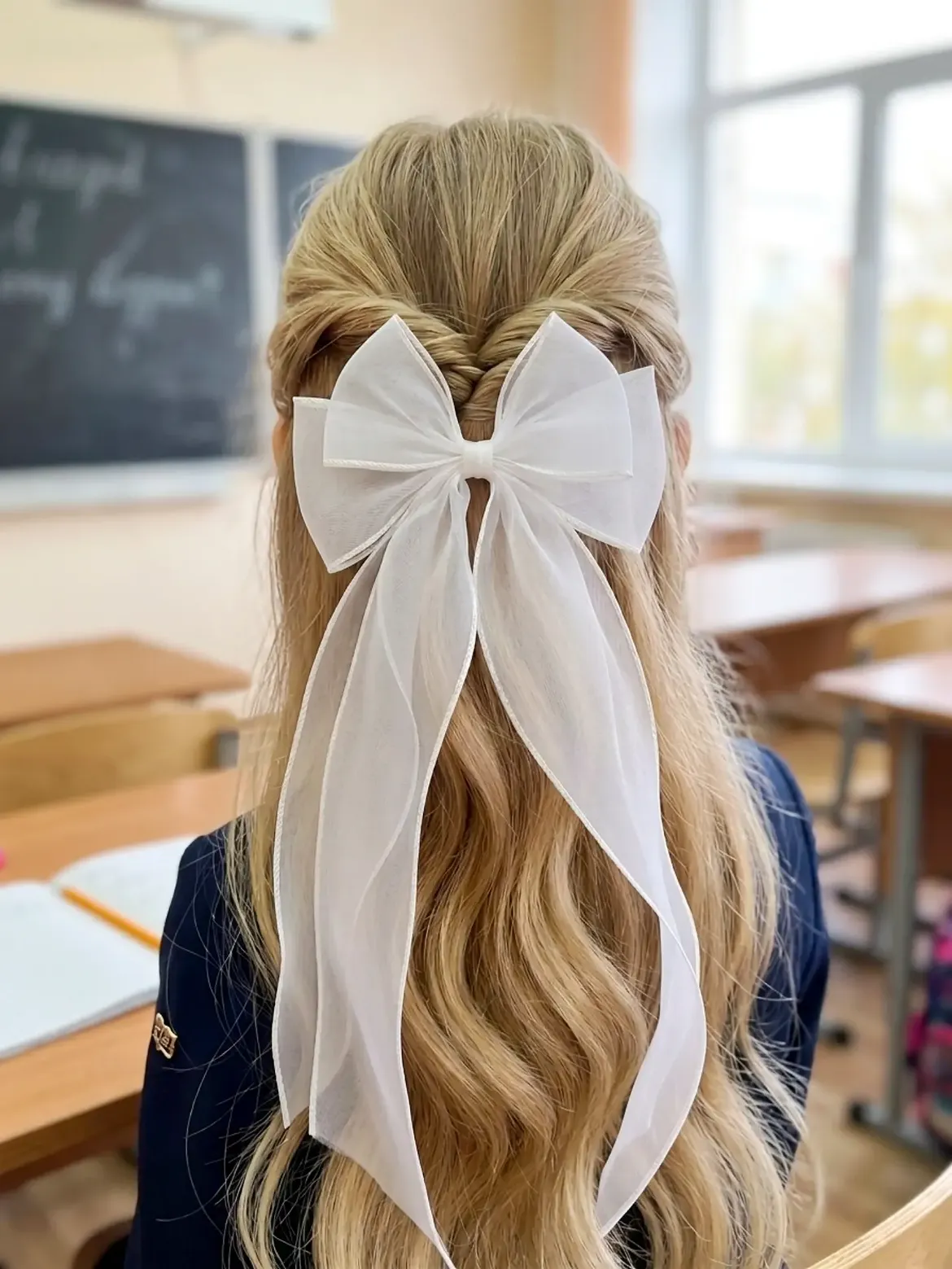 Half Up Twisted Style With Sheer White Bow