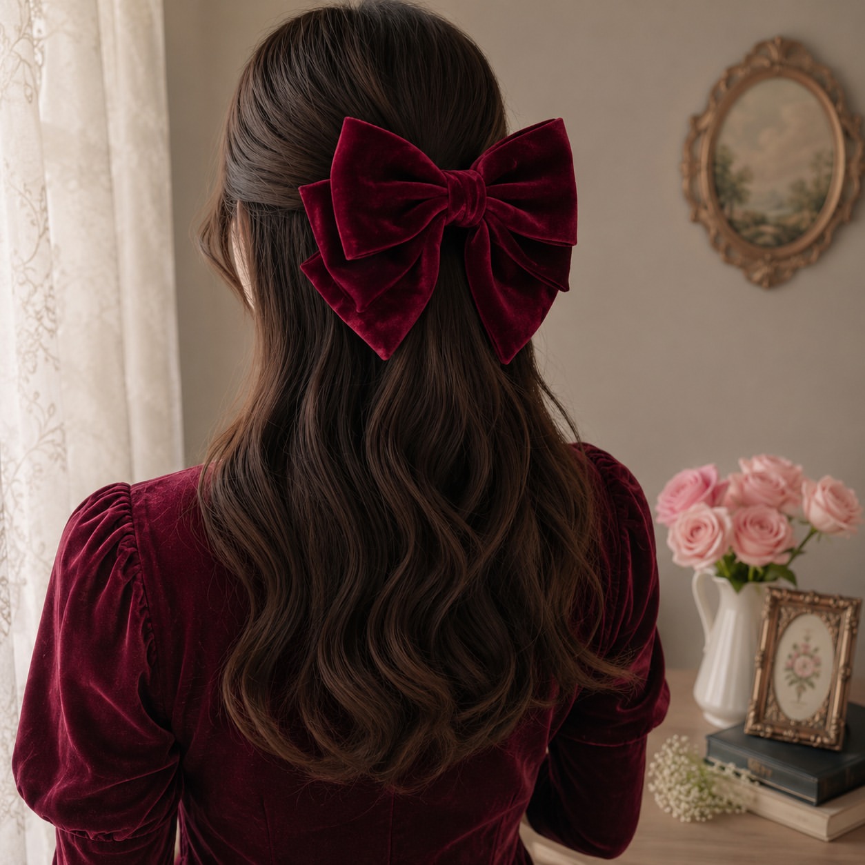 Half Up Velvet Bow On Wavy Chestnut Hair