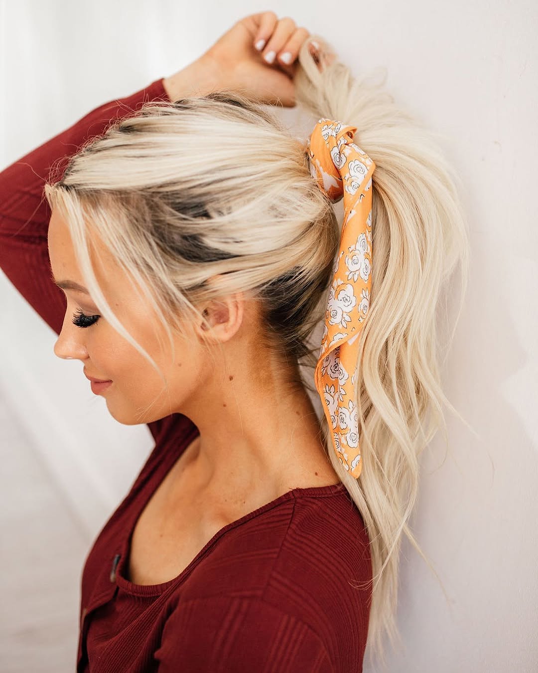 High Ponytail with Colorful Scarf Accent