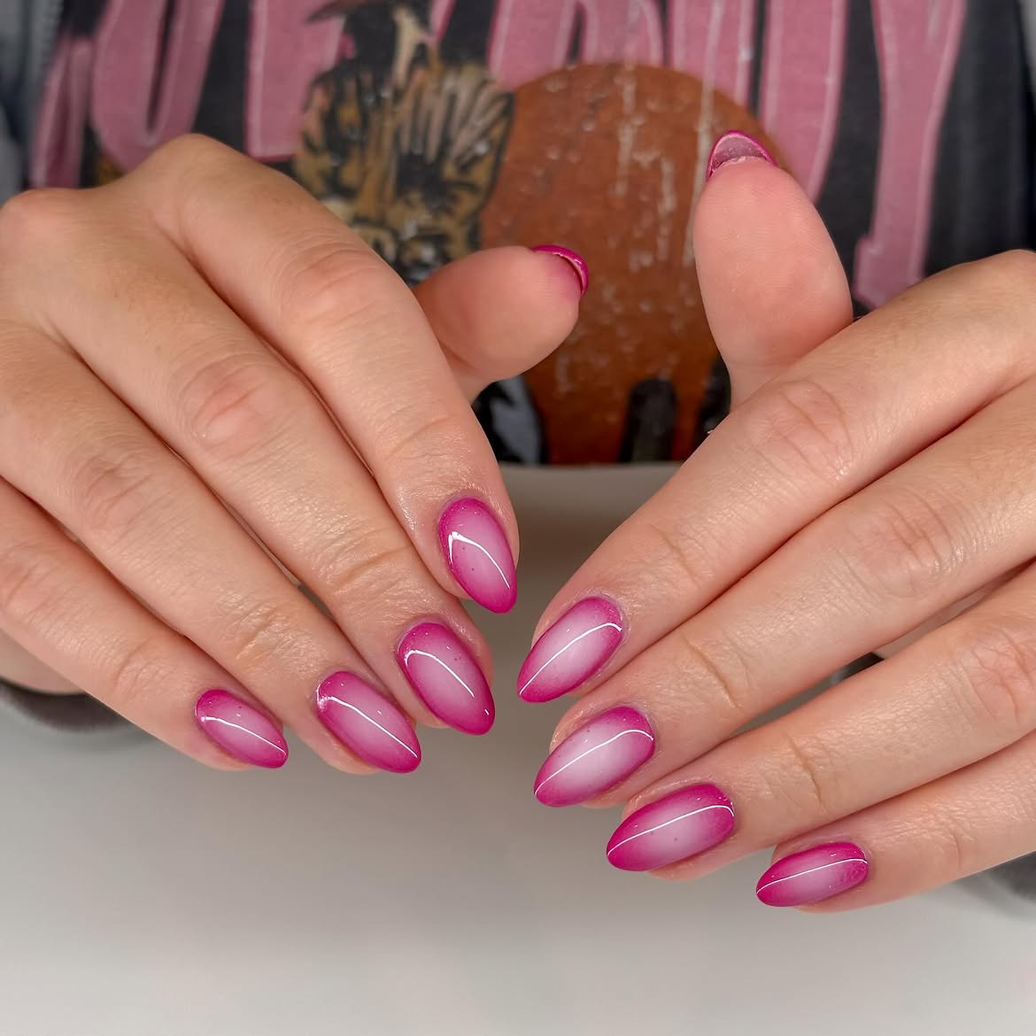 Hot Pink Aura Ombre Almond Nails