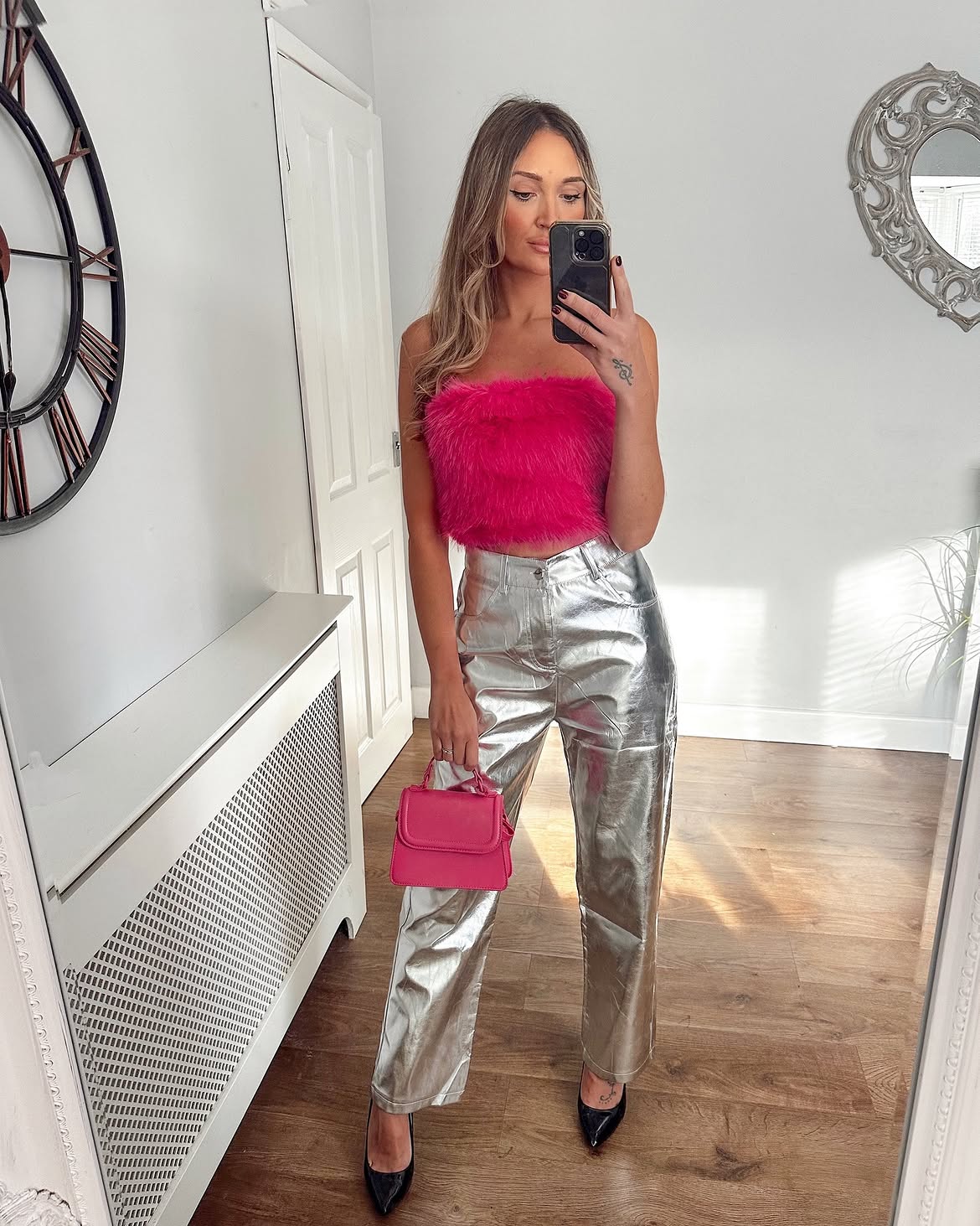 Hot Pink Feather Bandeau And Metallic Silver Trousers