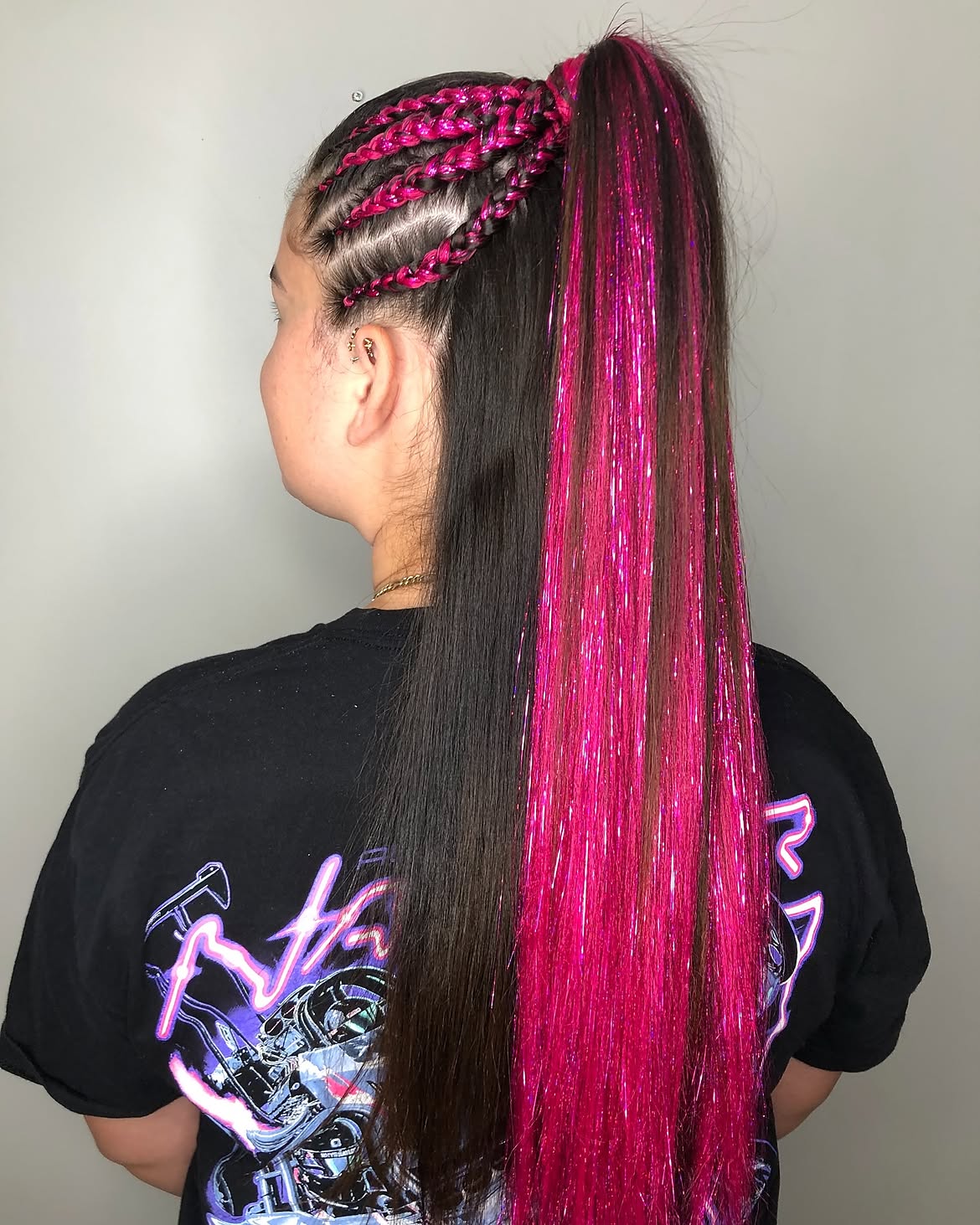 Hot Pink Tinsel Braids With High Ponytail