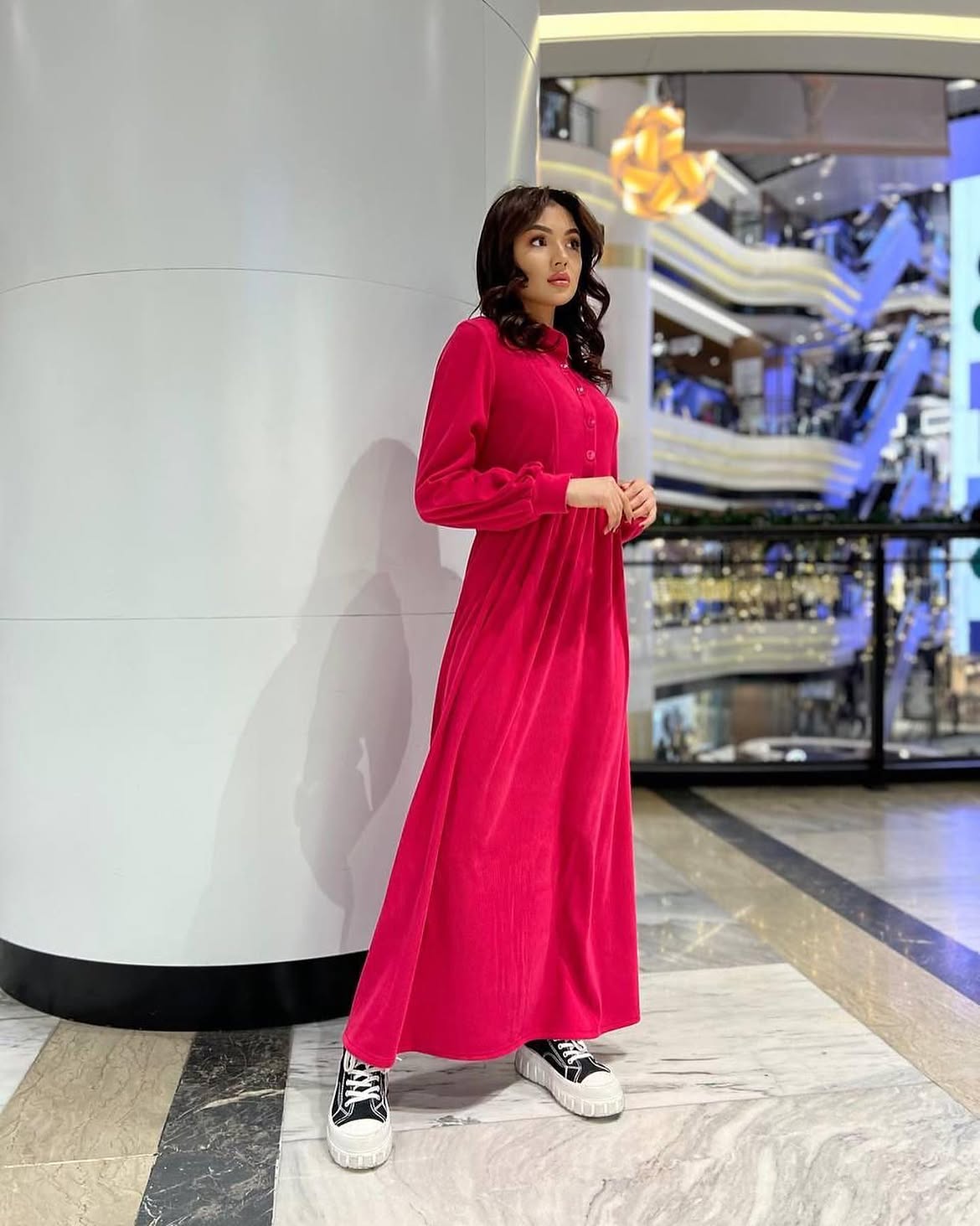 Hot Pink Velvet Maxi Dress With Chunky Sneakers