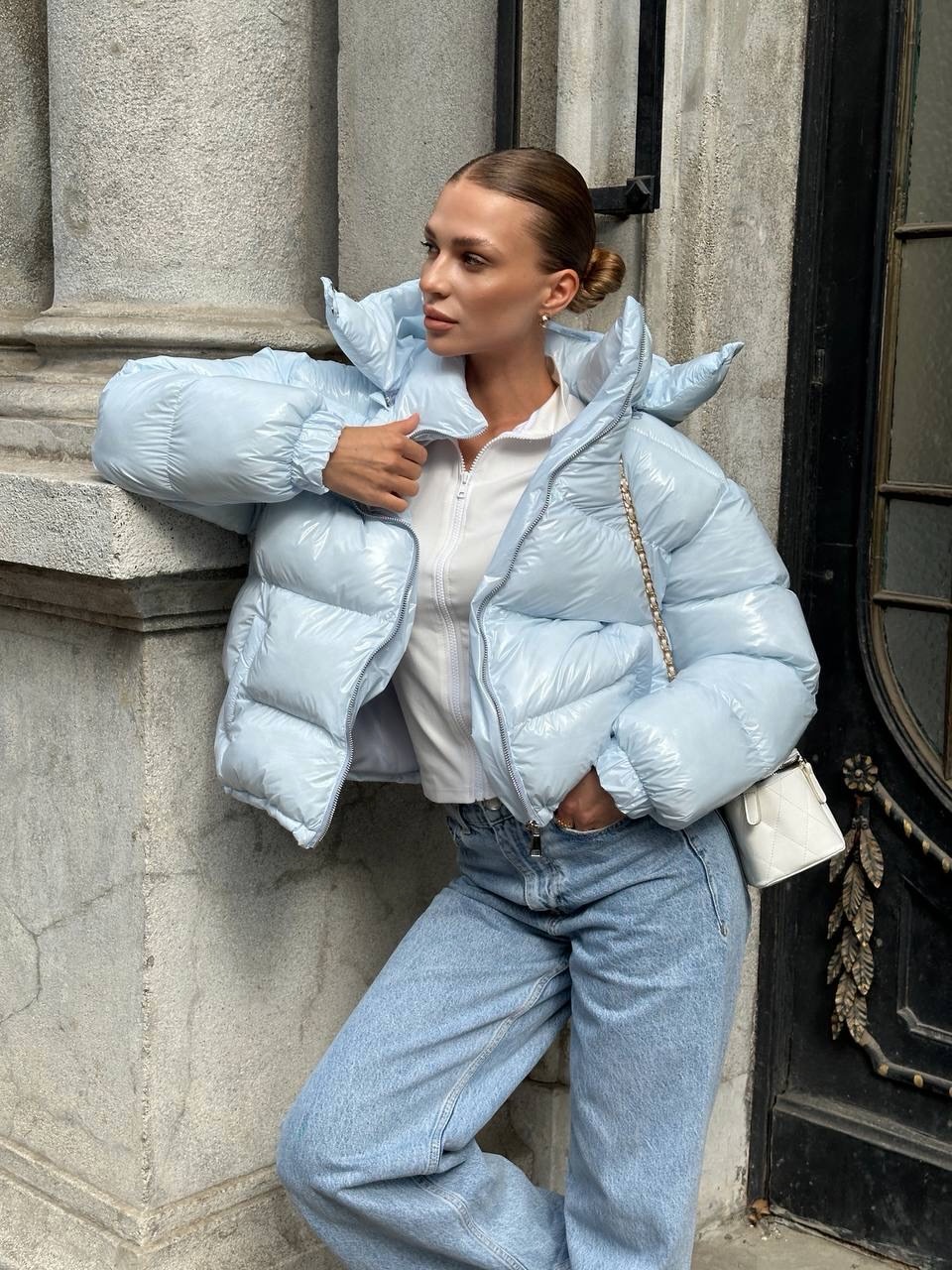 Ice Blue Glossy Puffer Jacket With Denim Jeans