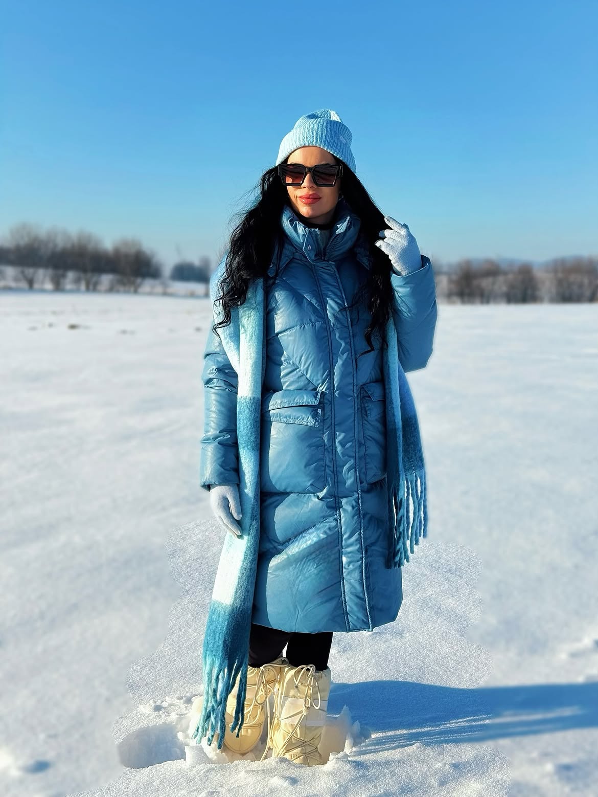 Ice Blue Puffer Coat And Snow Boot Look