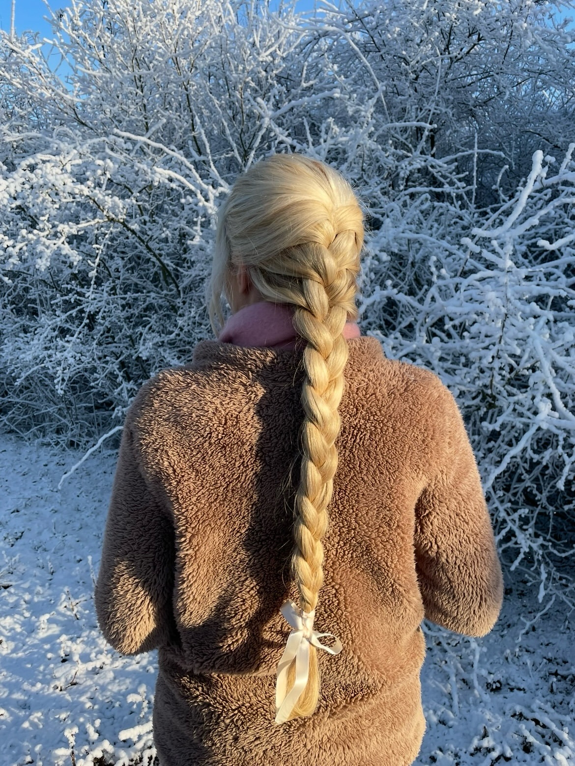 Icy Platinum Blonde Long French Braid With Ribbon