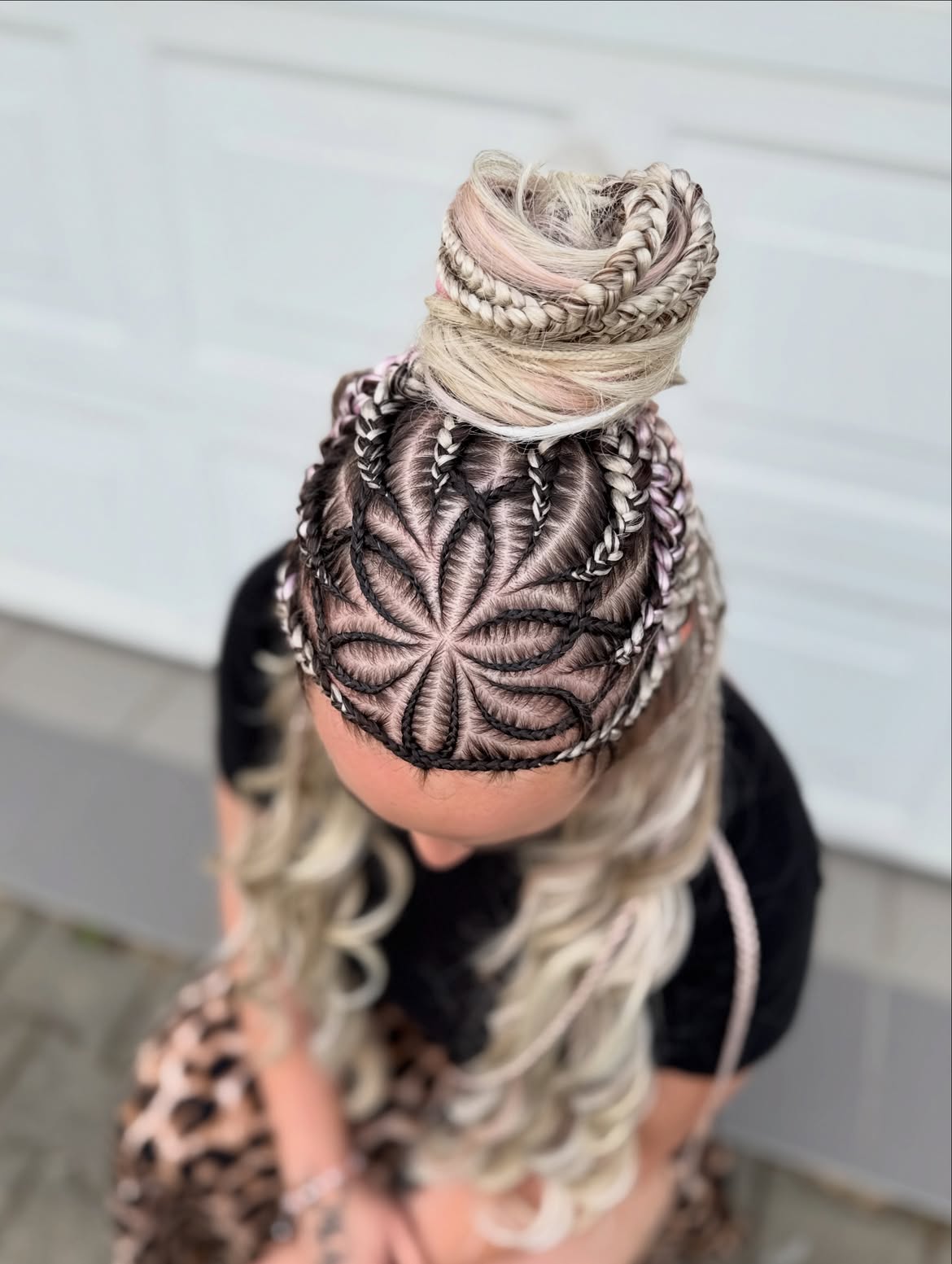 Intricate Braided Flower Updo With Blonde & Pink Accents