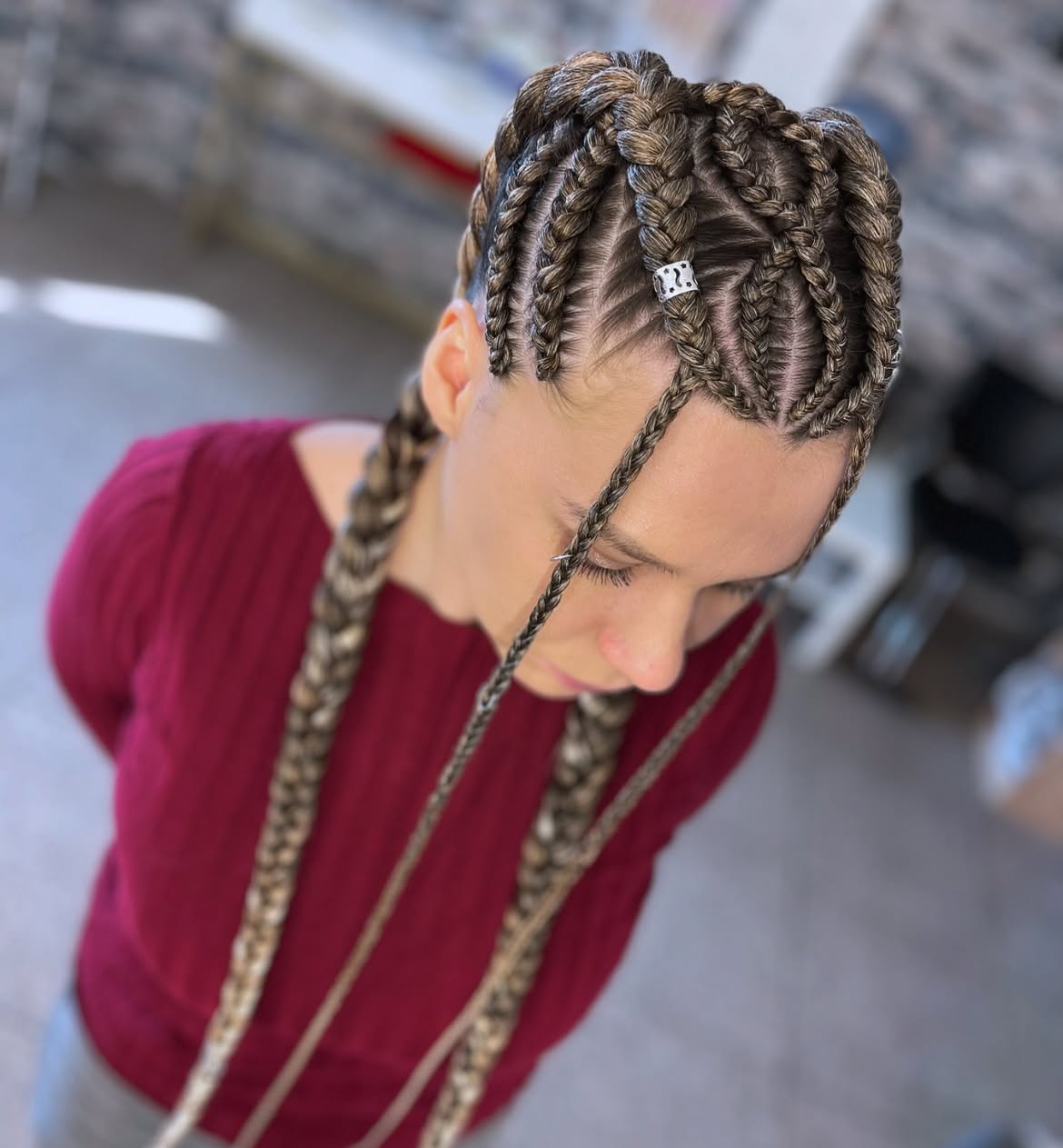 Intricate Geometric Box Braids With Metallic Hair Cuffs