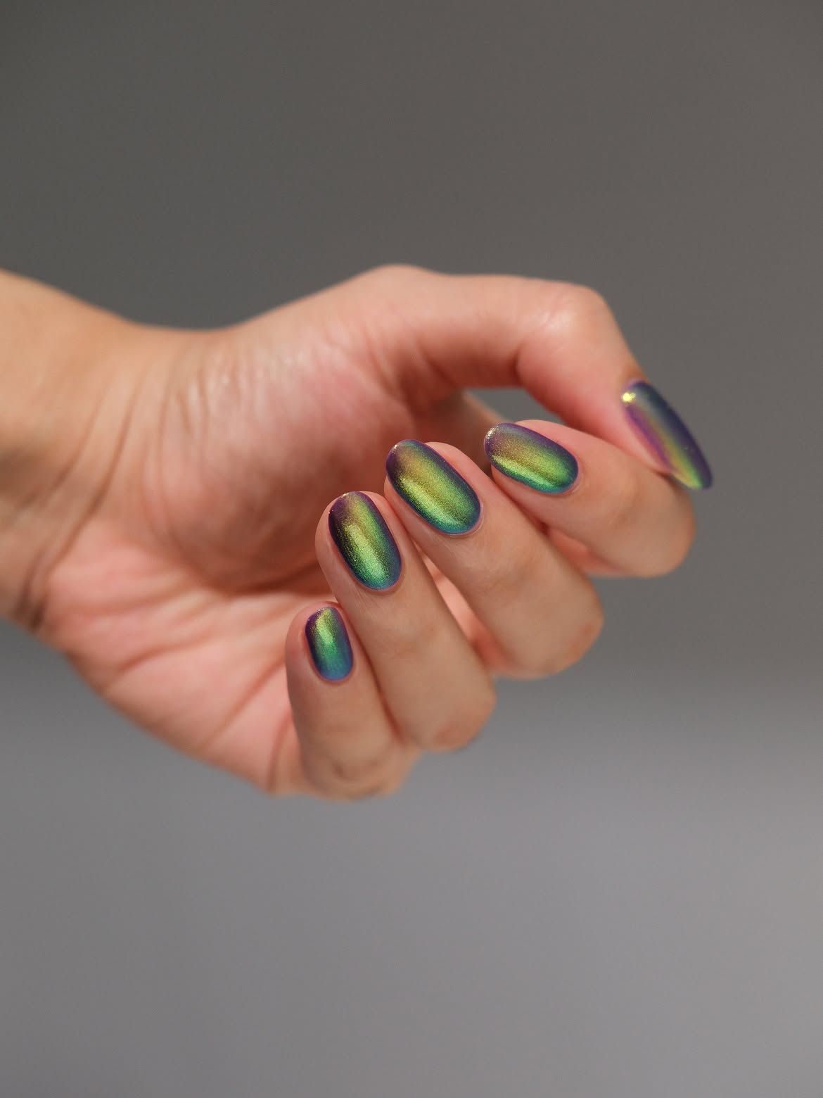 Iridescent Green And Purple Multichrome Almond Nails