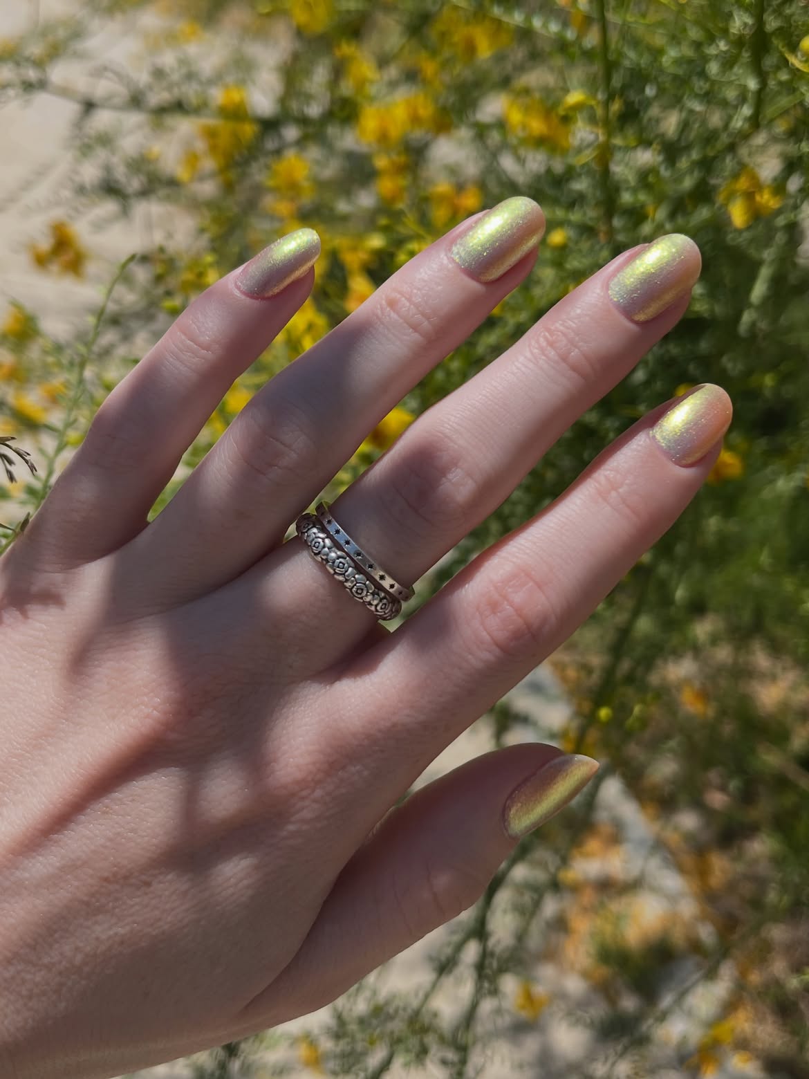 Iridescent Lime Green Shimmer Almond Nails