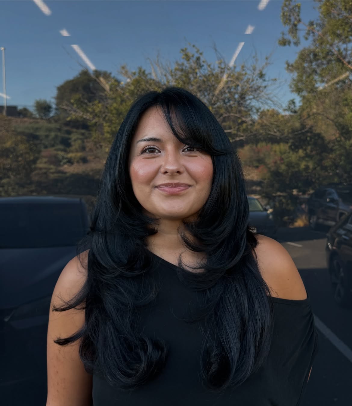 Jet Black Layered Blowout With Sweeping Side Bangs