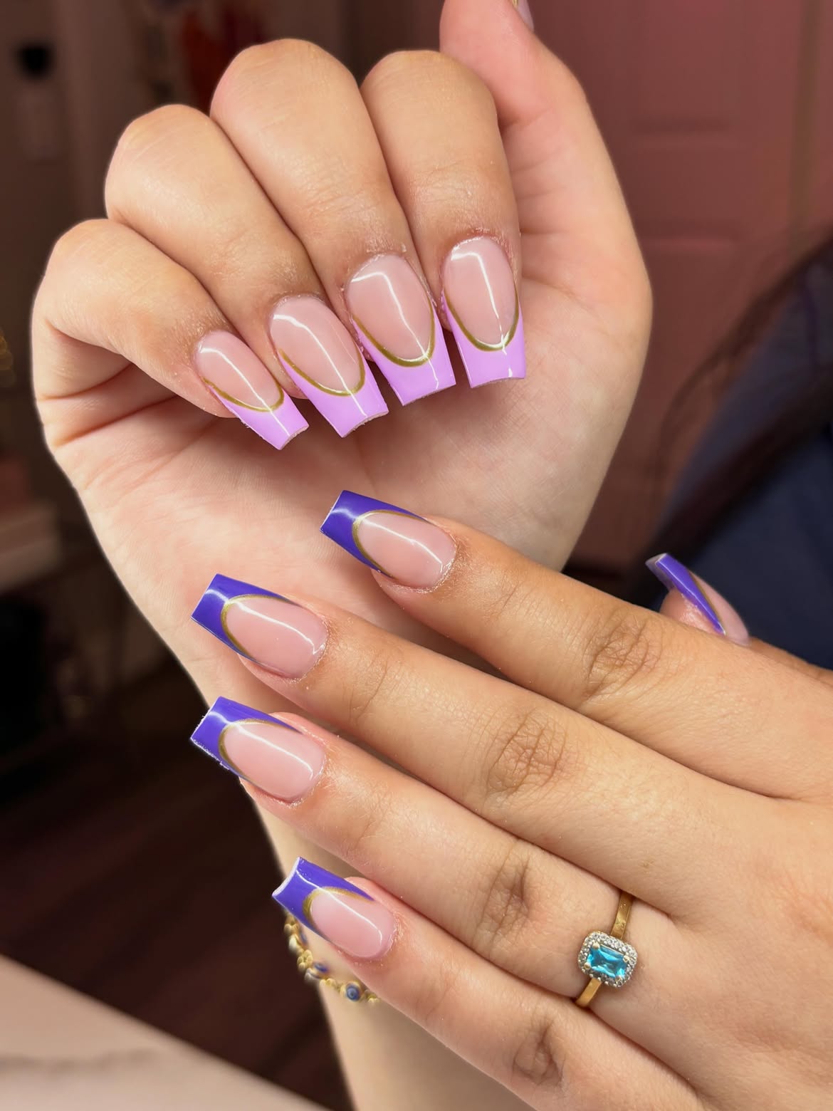 Lavender & Royal Blue French Tips With Gold Accents