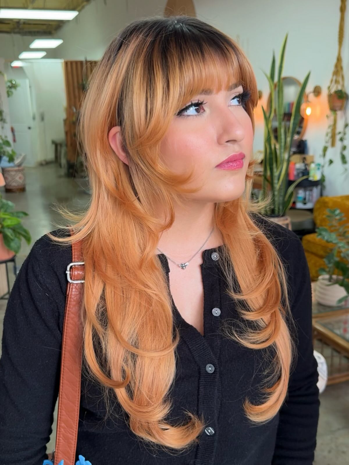 Layered Peach Blonde Butterfly Cut With Curtain Bangs