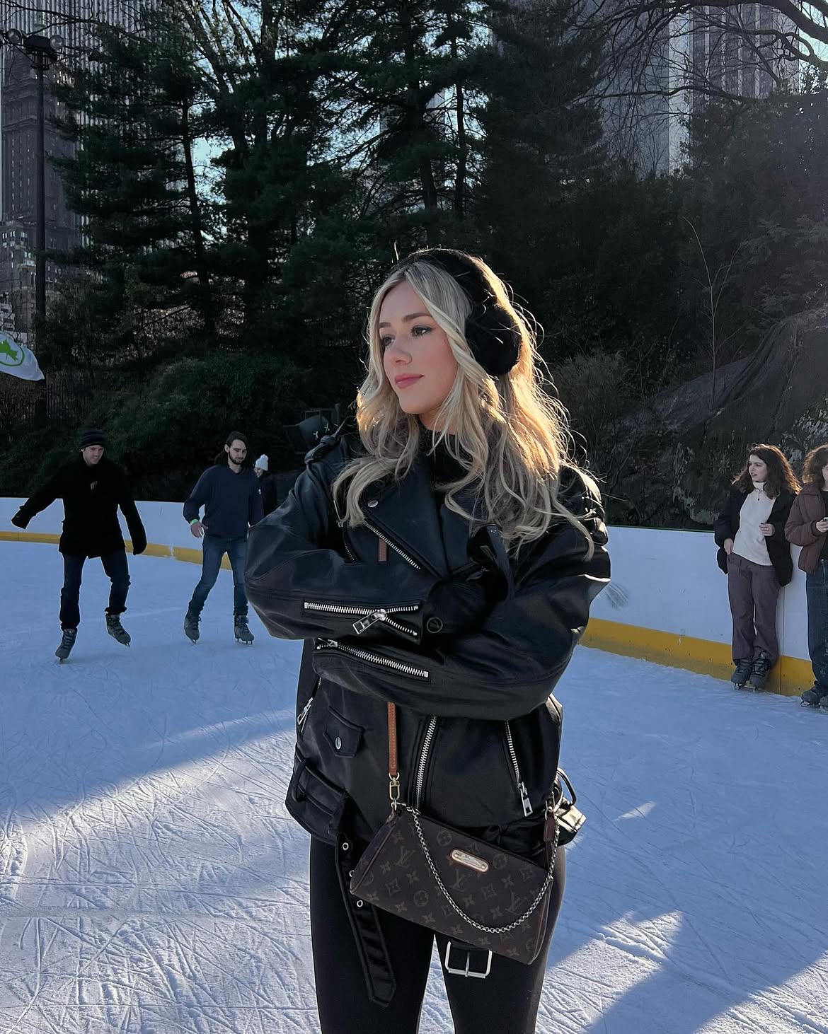 Leather Biker Jacket and Black Leggings Ice Skating Outfit