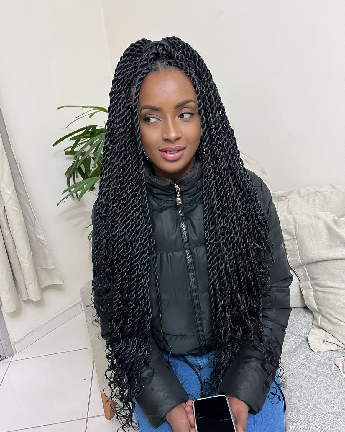 Long Black Senegalese Twists With Defined Curls