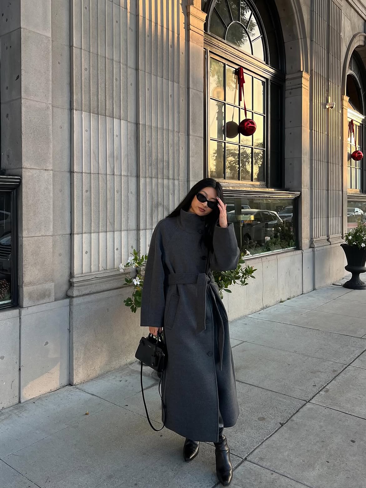 Long Charcoal Belted Wool Coat and Black Boots